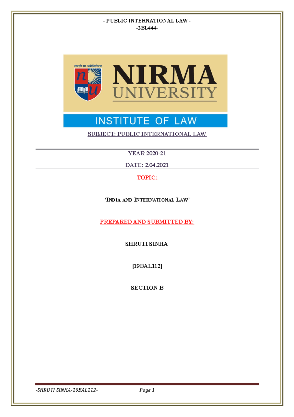 19BAL112 PIL - Lecture notes 1 -2BL444- SUBJECT: PUBLIC INTERNATIONAL ...