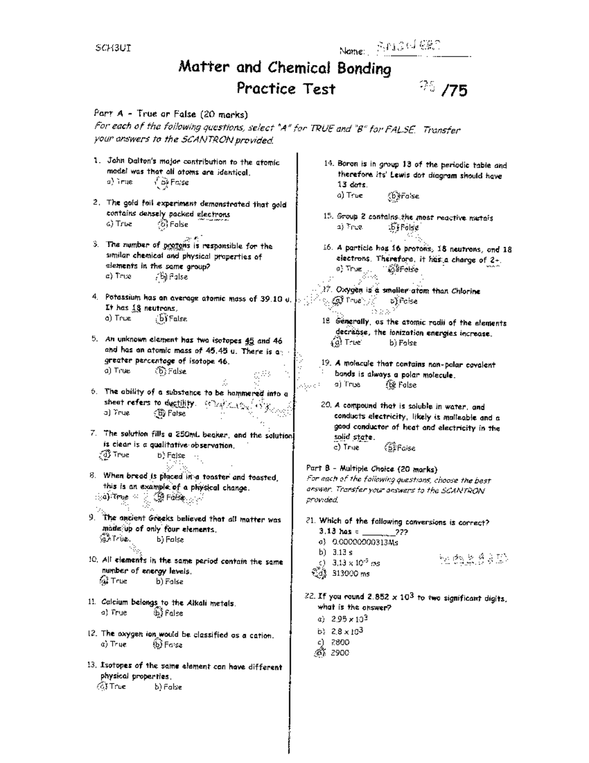 Matter and bonding practice test1 answers - SCH3UI Name: Matter and ...