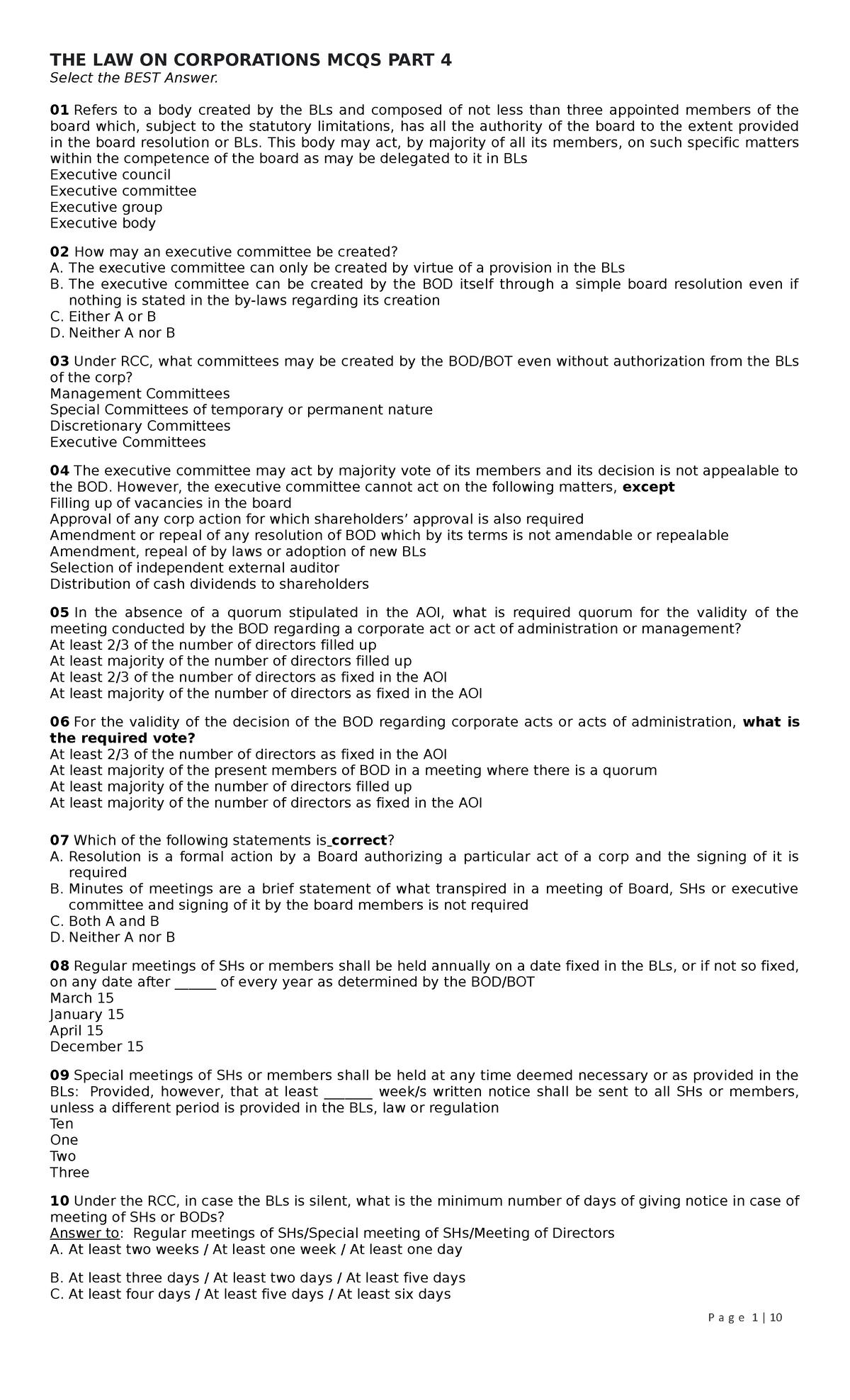 Law on Corporation 4 THE LAW ON CORPORATIONS MCQS PART 4 Select