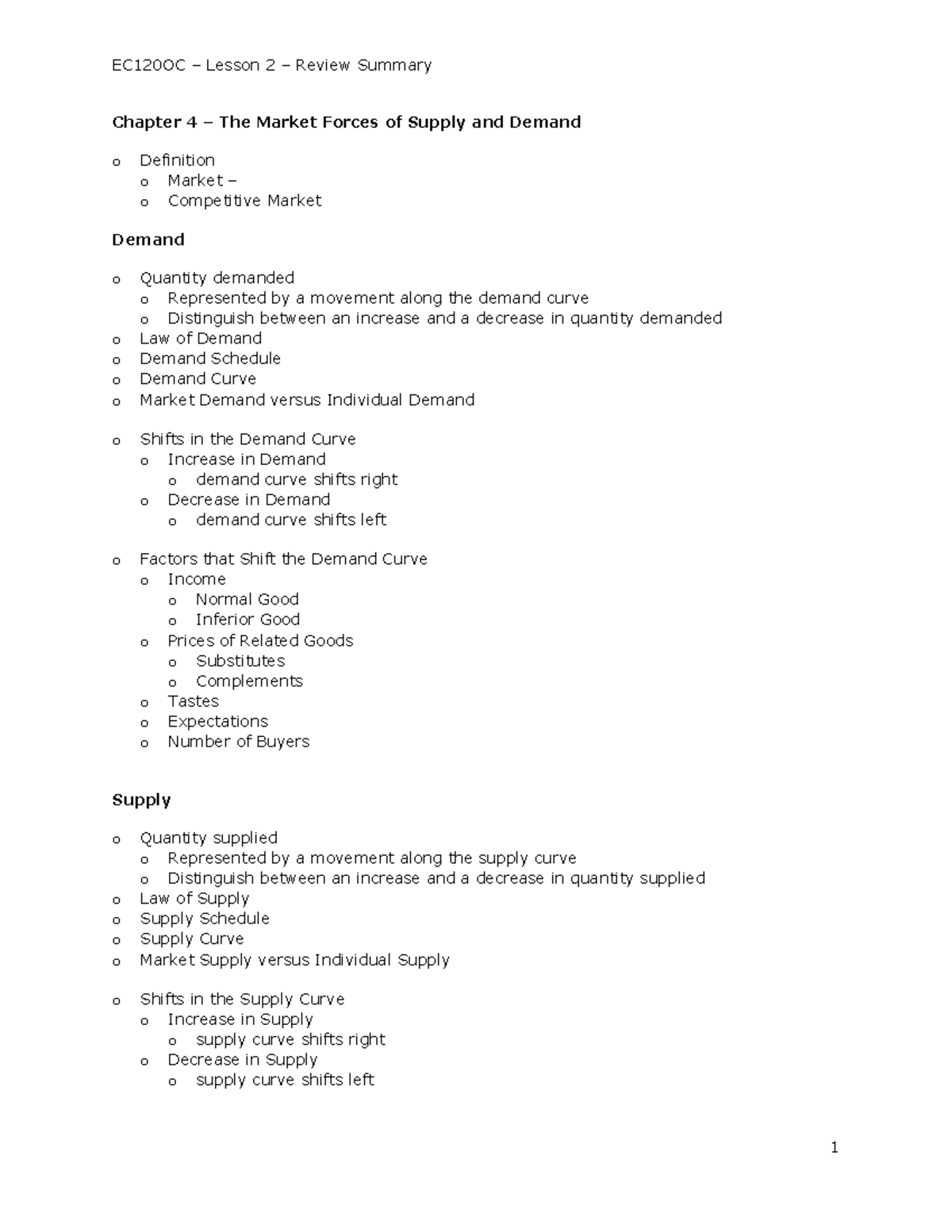 EC120OC - Lesson 2 - Review Summary - Chapter 4 – The Market Forces of ...