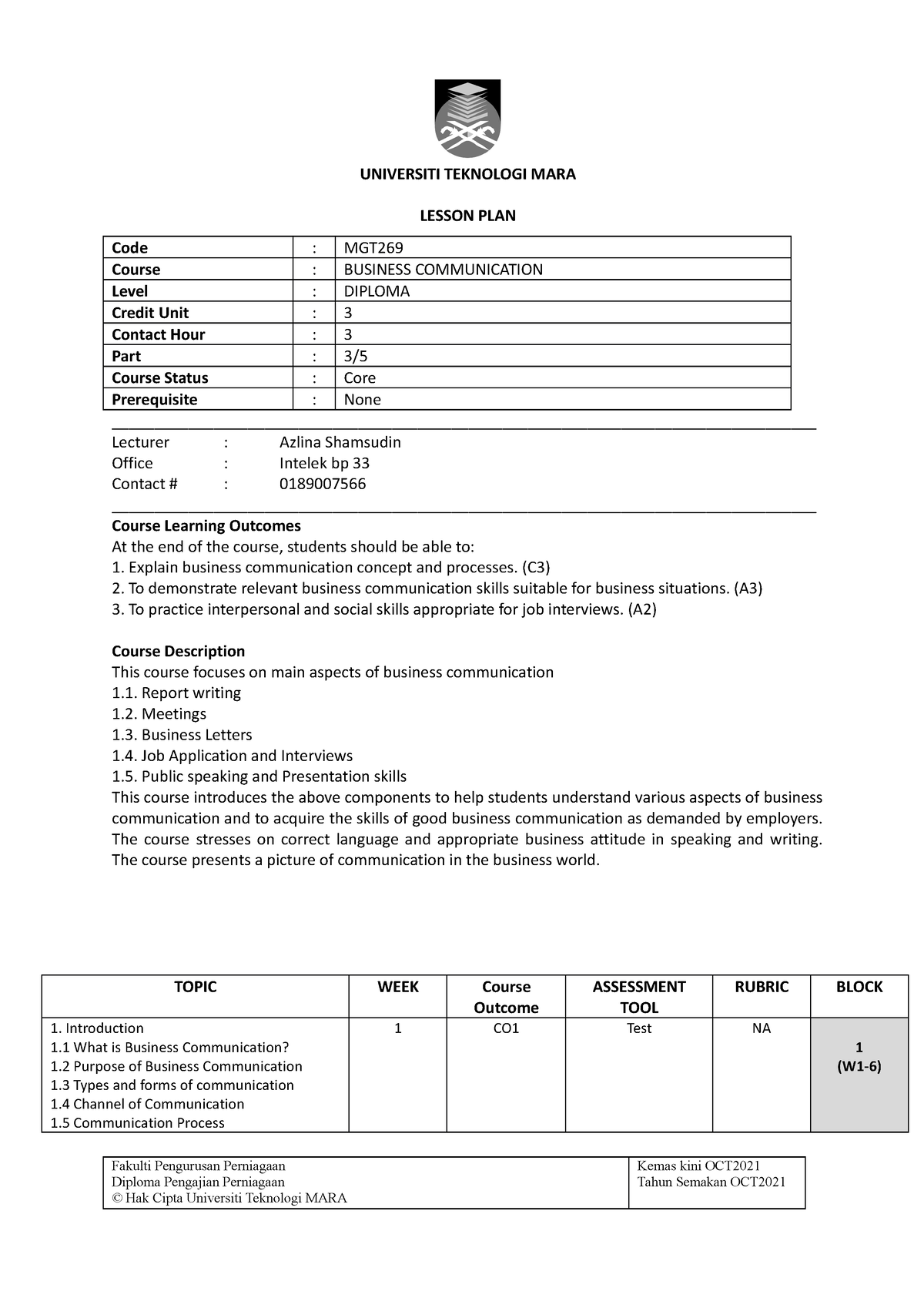 Lesson Plan MGT269 Sem Oct 2023 Feb 2024 - UNIVERSITI TEKNOLOGI MARA ...