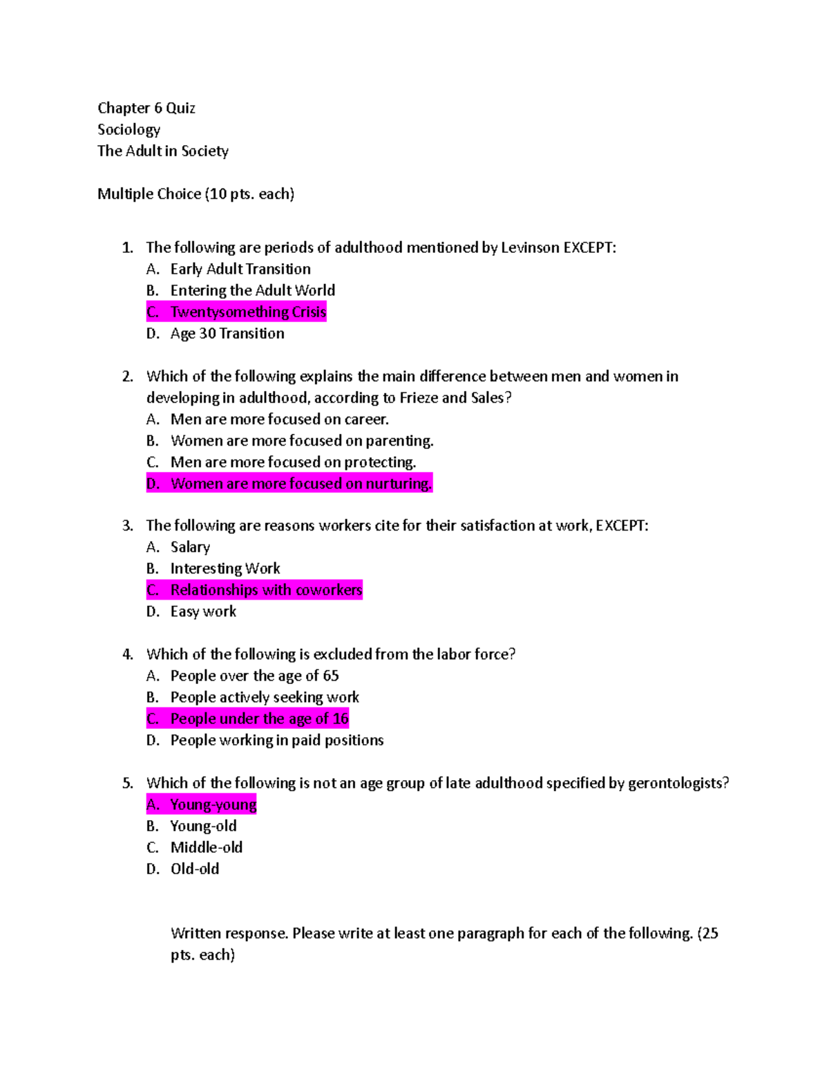 Chapter 6 Quiz - it's easy - Chapter 6 Quiz Sociology The Adult in ...