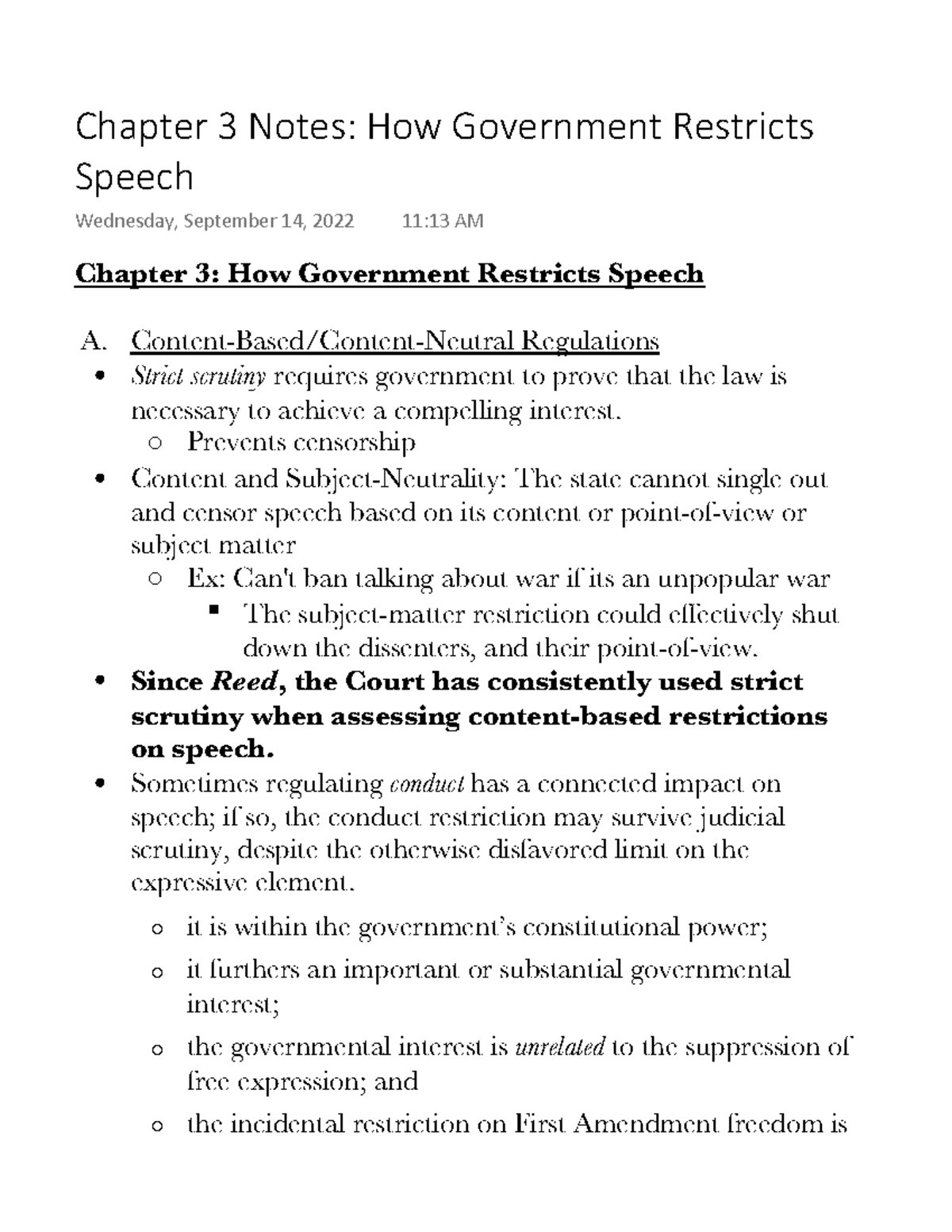 Chapter 3 Notes How Government Restricts Speech ContentBased