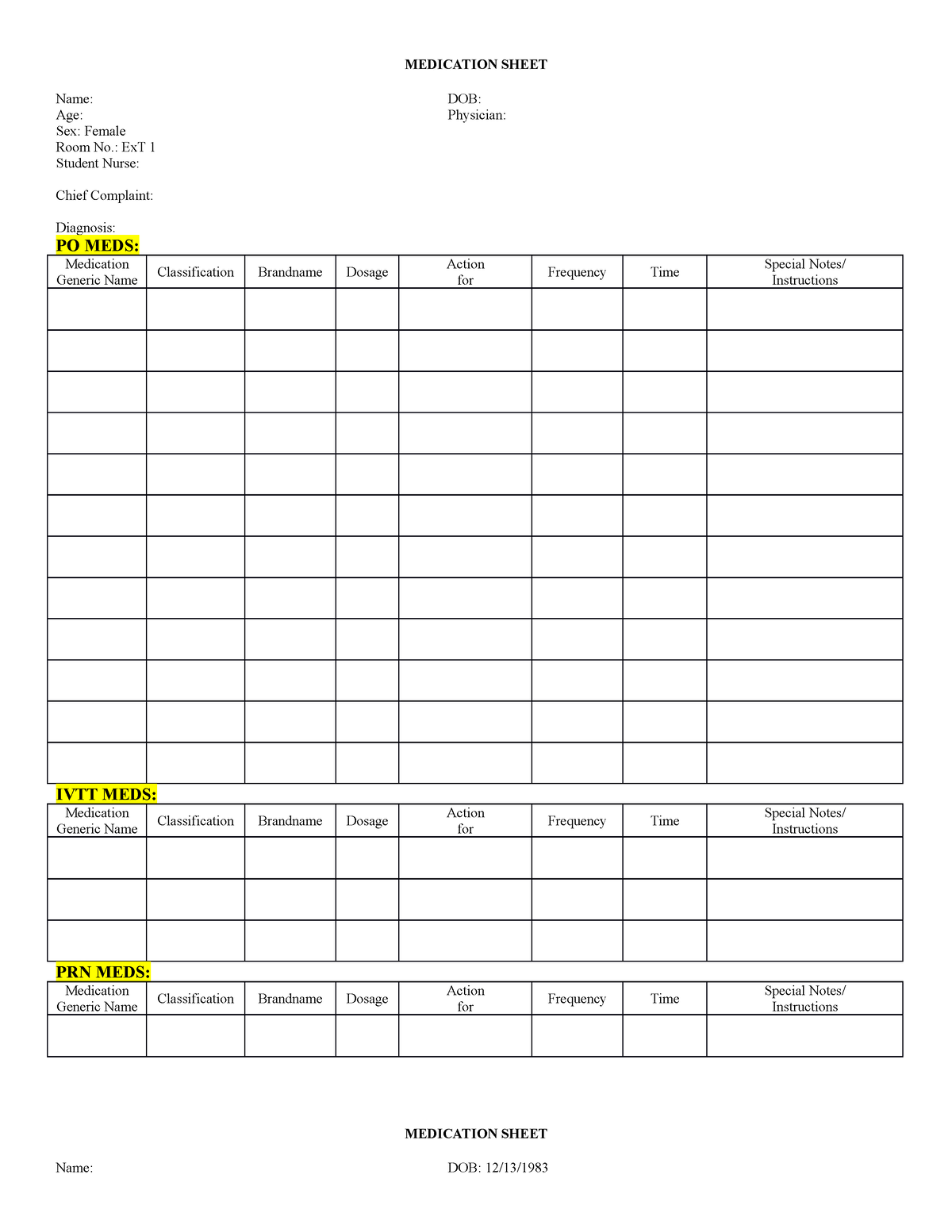 Medication Chart 072234 Medication Sheet Name Dob Age Physician Sex Female Room No Ext 2856