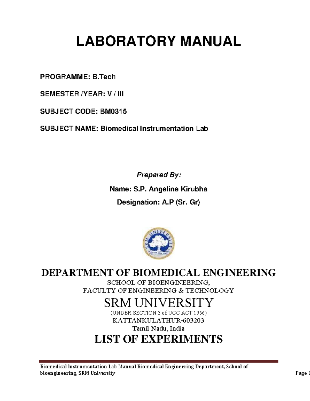 Biomedical lab manual Biomedical Instrumentation Lab Manual