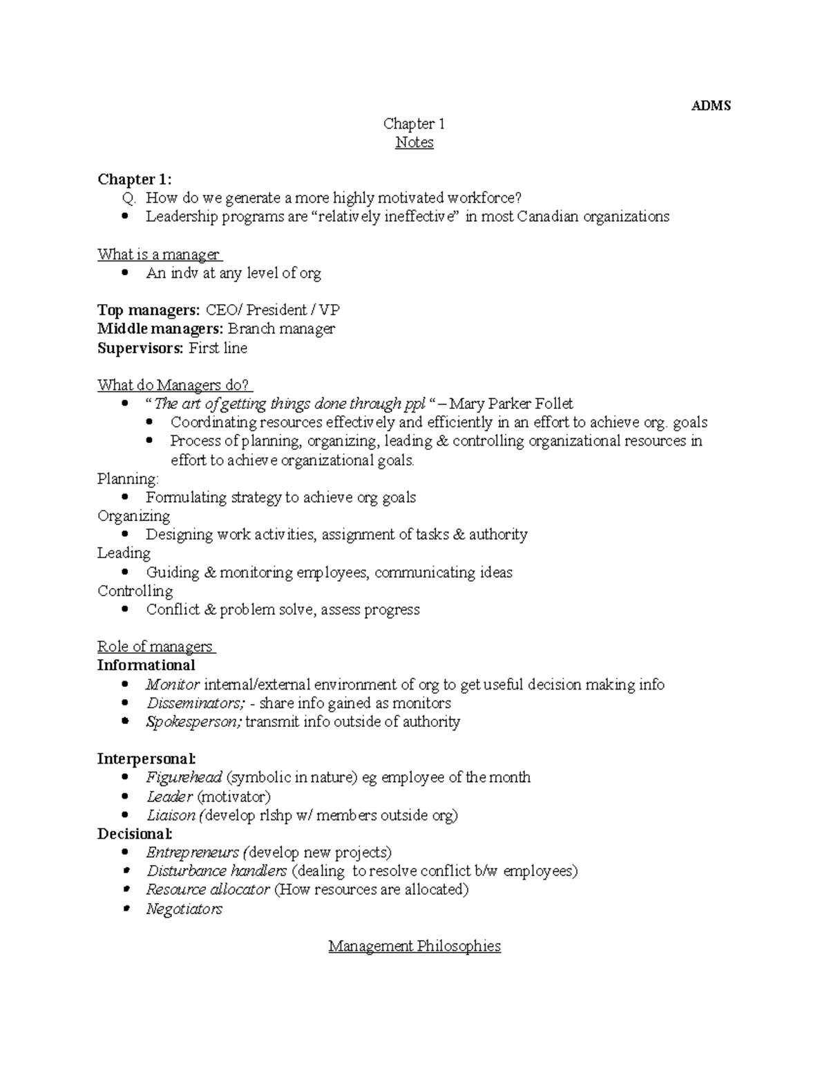 Notes ch1 Sept 14 - case q - ADMS Chapter 1 Notes Chapter 1: Q. How do ...