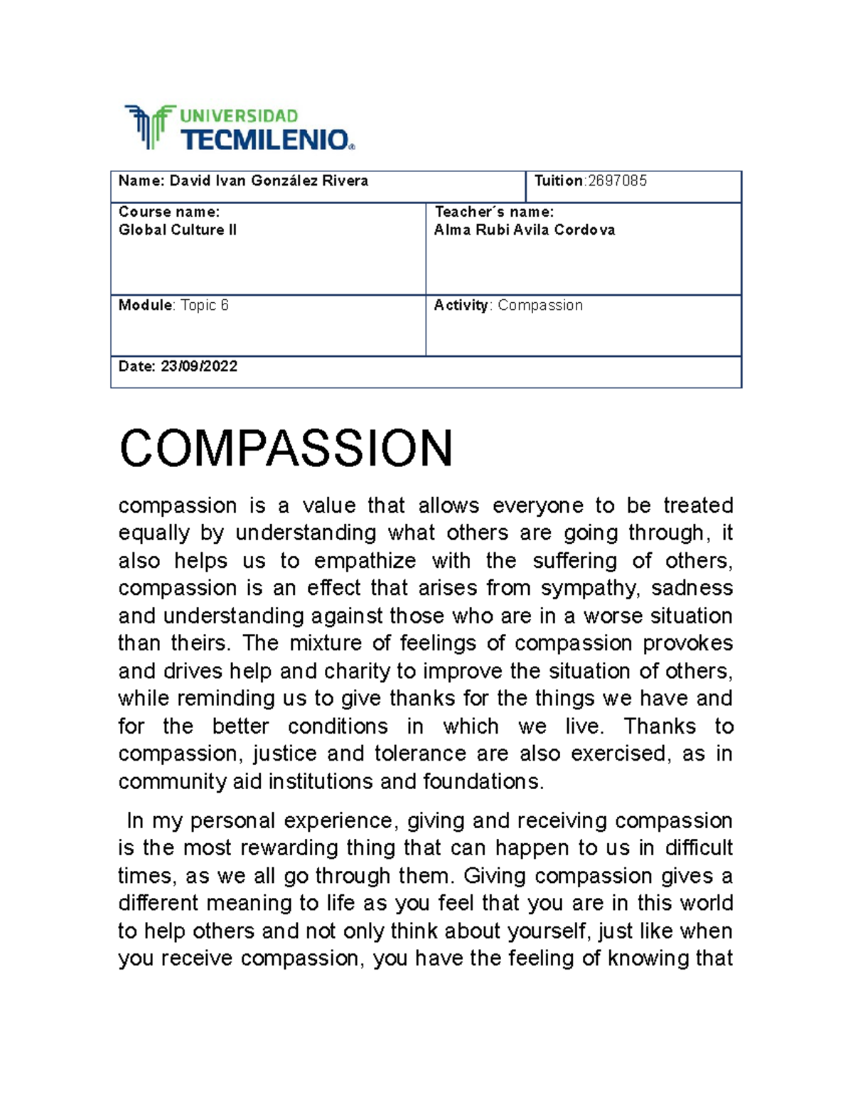 Compassion - .............................. - Name: David Ivan González ...