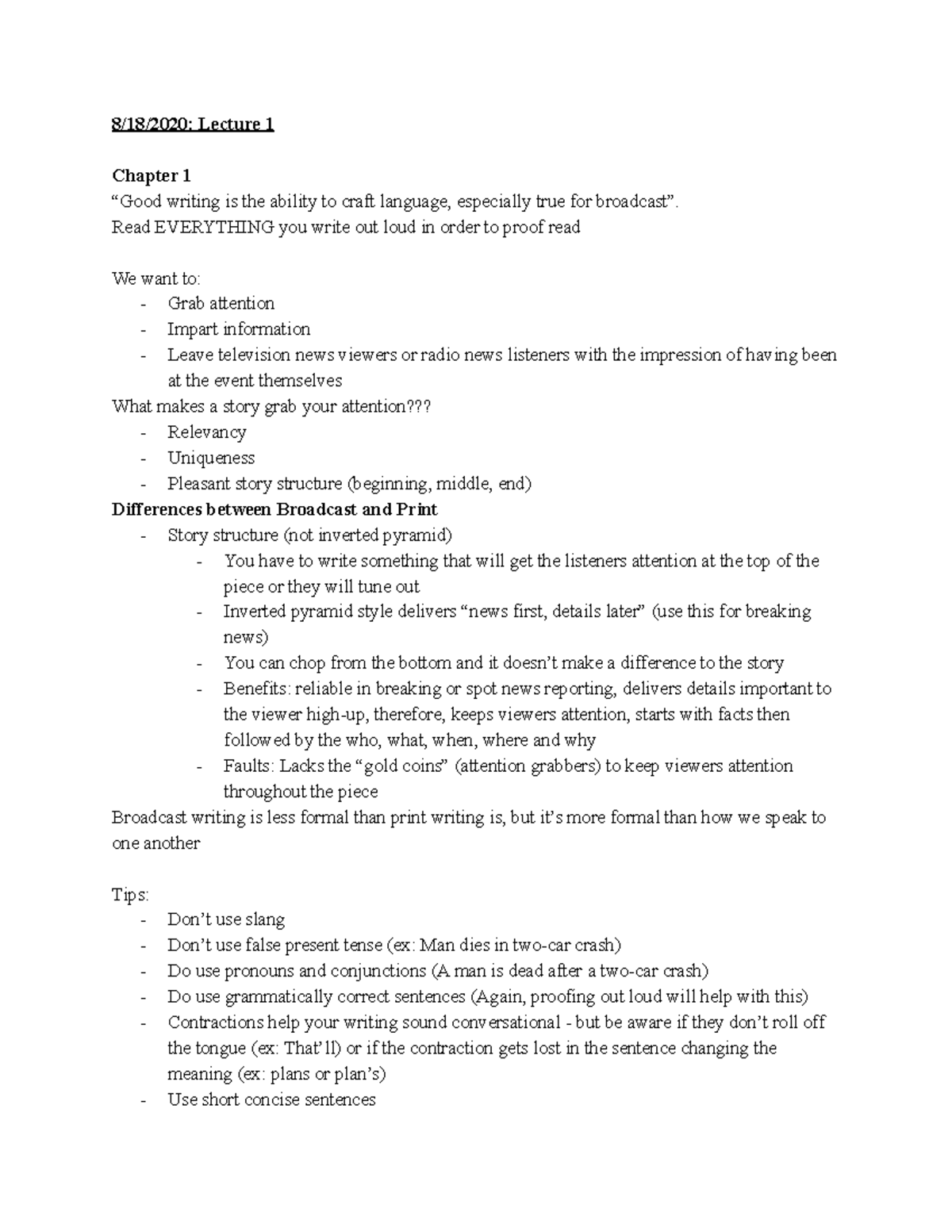 MASC Broadcast Writing Notes - 8/18/2020: Lecture 1 Chapter 1 “Good ...