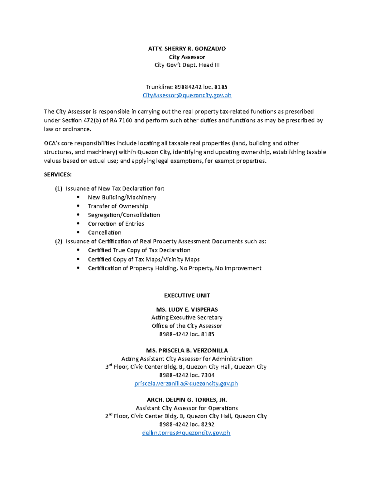 CITY Assessor'S Office ATTY. SHERRY R. GONZALVO City Assessor City