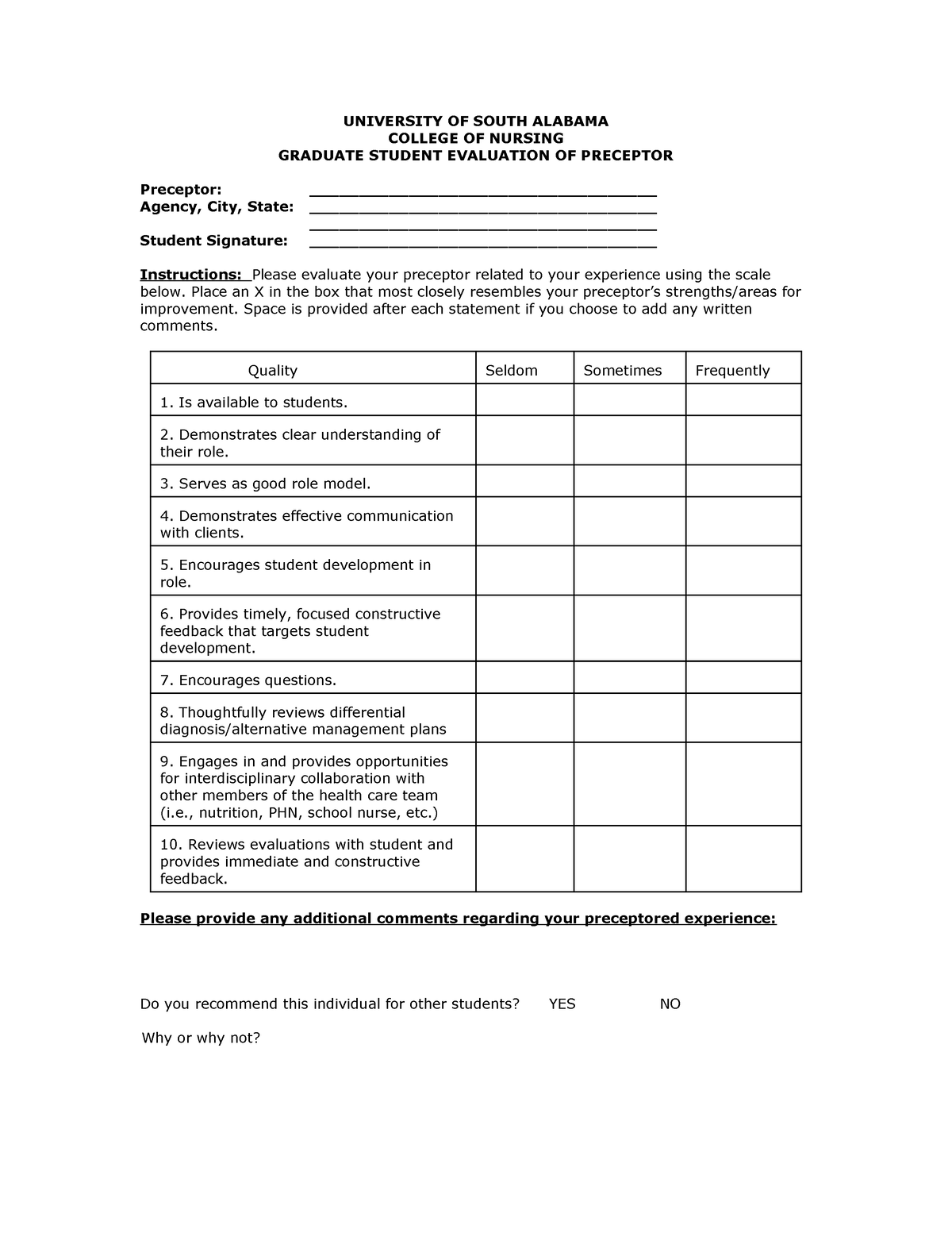 Student Evaluation of Preceptor - UNIVERSITY OF SOUTH ALABAMA COLLEGE ...