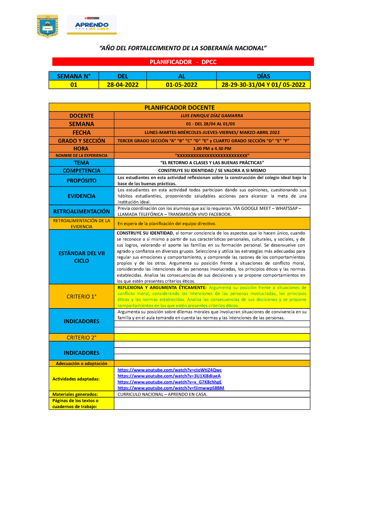 01 Planificador Semana DPCC 3°y 4° - PLANIFICADOR - DPCC SEMANA N° DEL ...