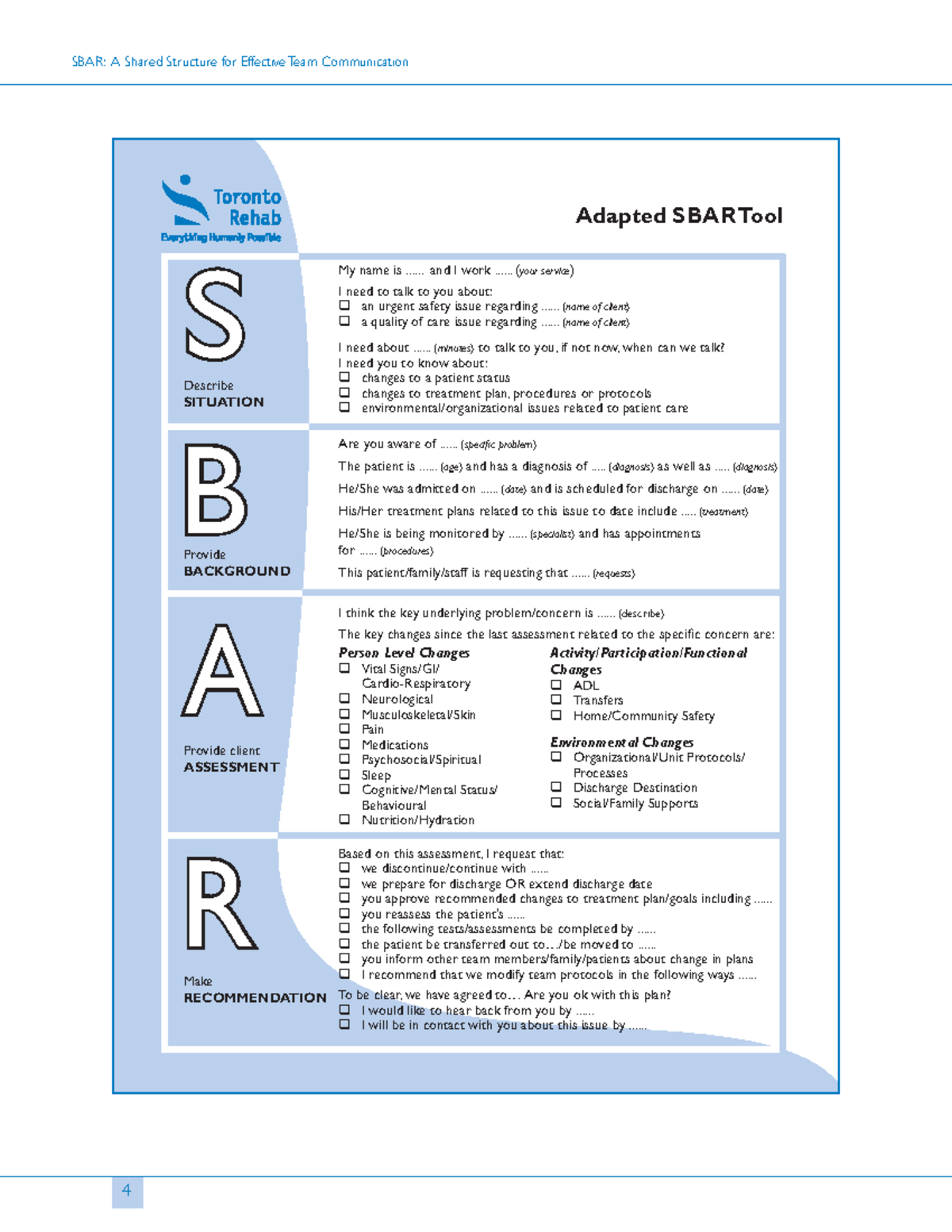 SBAR Toolkit Document - 4 SBAR: A Shared Structure For Effective Team ...