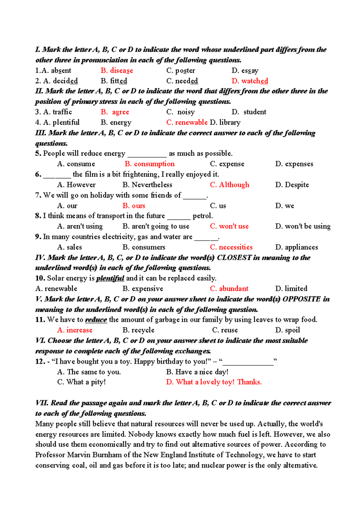 Ngũ Hiệp - G7 - Revision - I. Mark The Letter A, B, C Or D To Indicate ...