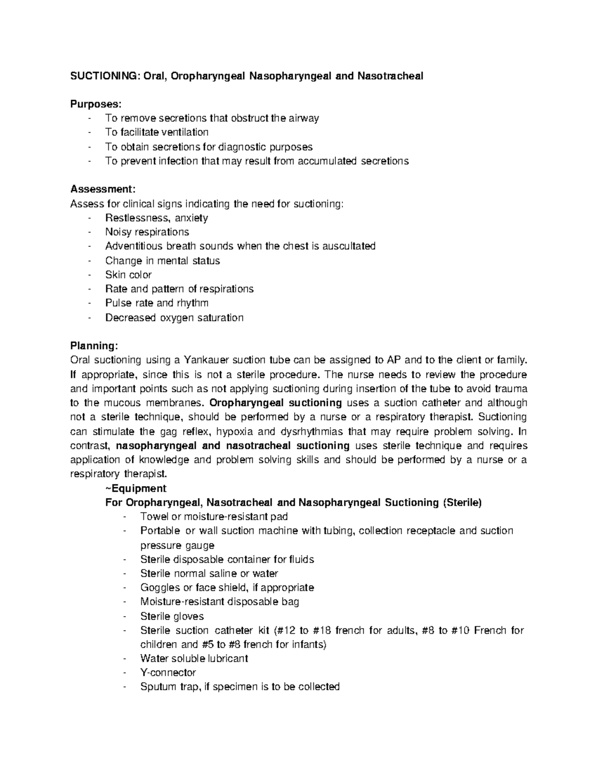 Rle - Suctioning - Suctioning: Oral, Oropharyngeal Nasopharyngeal And 