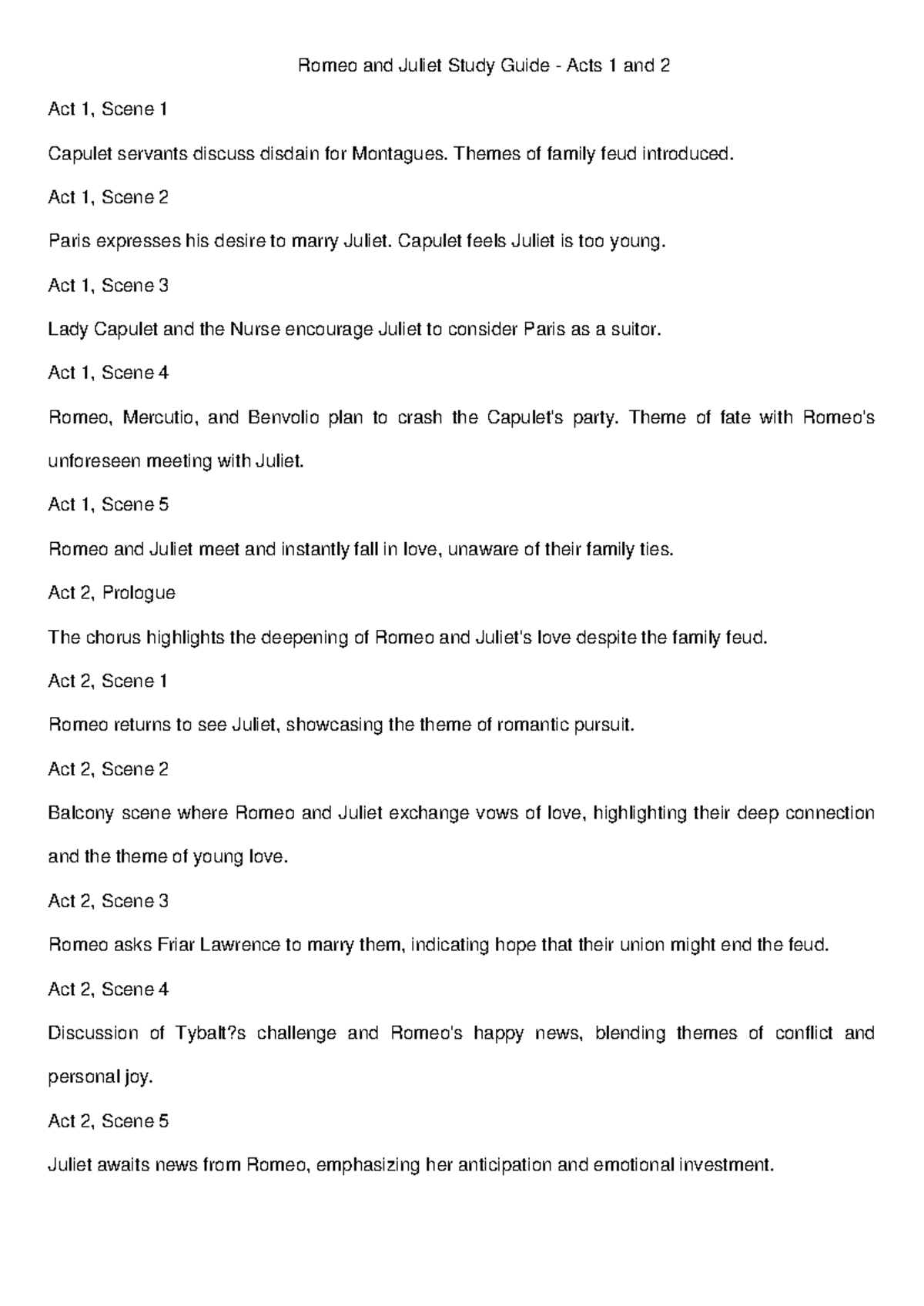 Romeo and Juliet Study Guide - Themes of family feud introduced. Act 1 ...