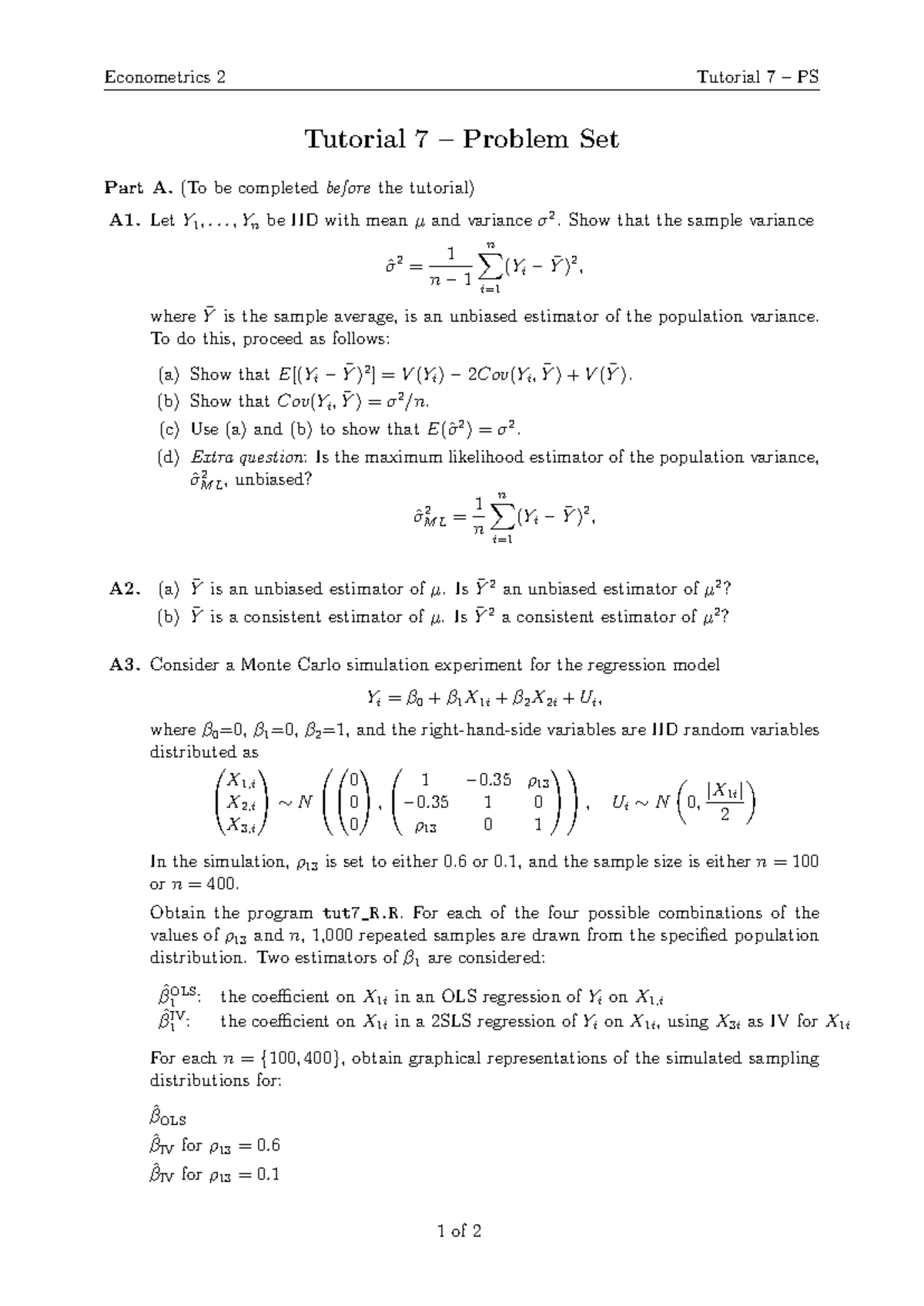 Problem sheet - Econometrics 2 Tutorial 7 – PS Tutorial 7 – Problem Set ...