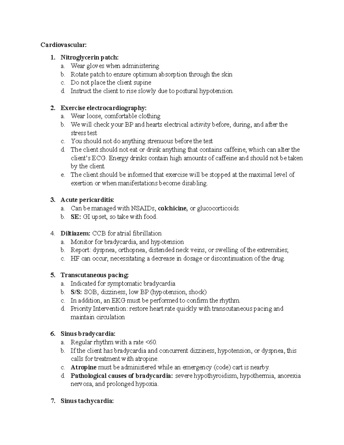 Cardiovascular - NCLEX prep notes - Cardiovascular: 1. Nitroglycerin ...