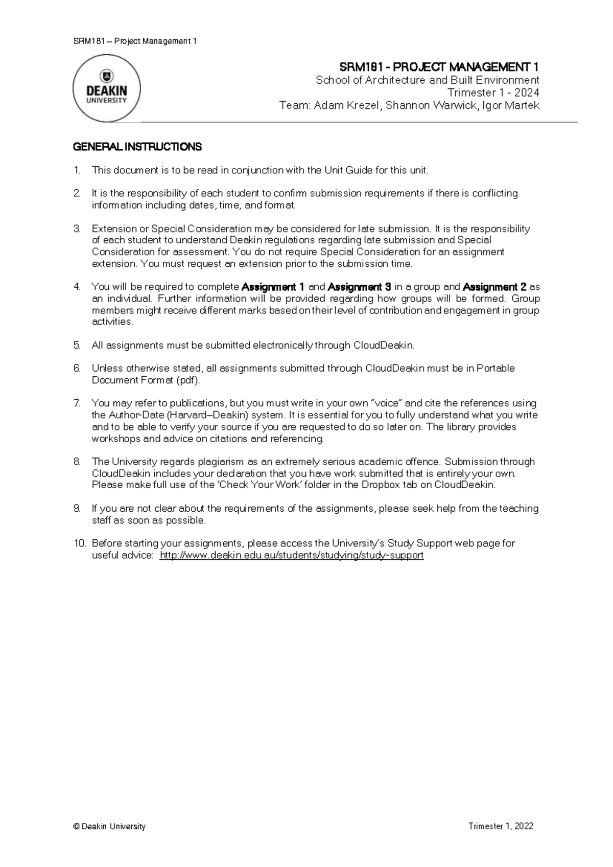 SRM181 - T1 - 2024 Assessment - SRM181 – Project Management 1 © Deakin ...