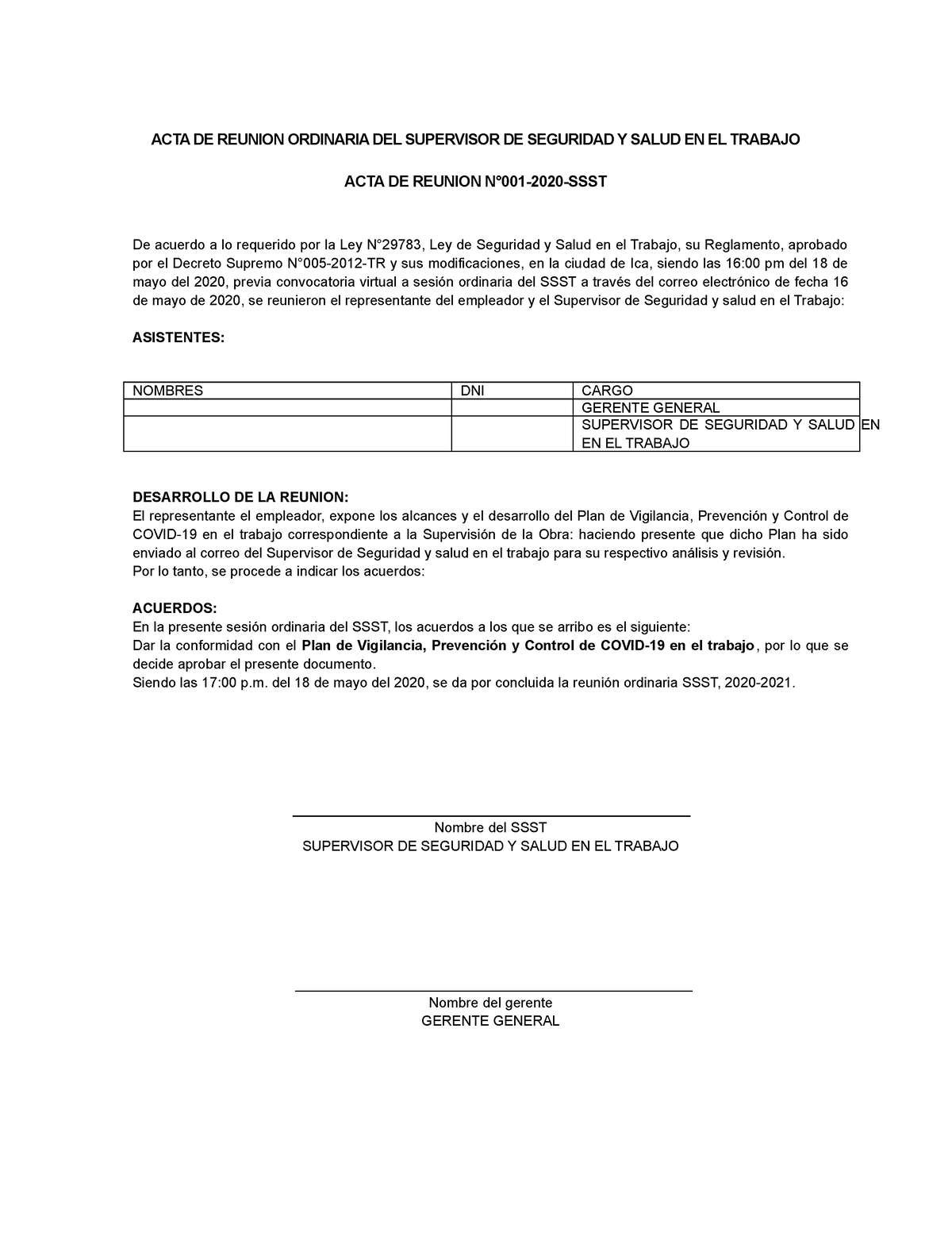 Acta De Designacion Del Supervisor De Seguridad Y Sal