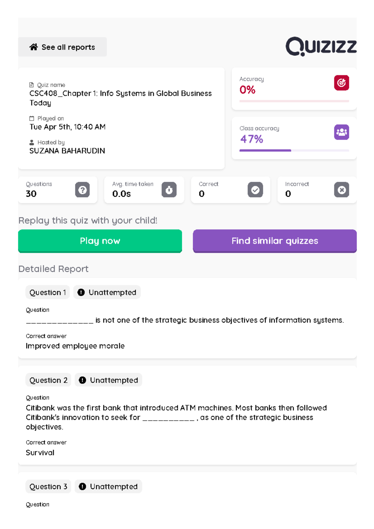 Quizizz Chapter 1 - See all reports CSC408_Chapter 1: Info Systems in ...