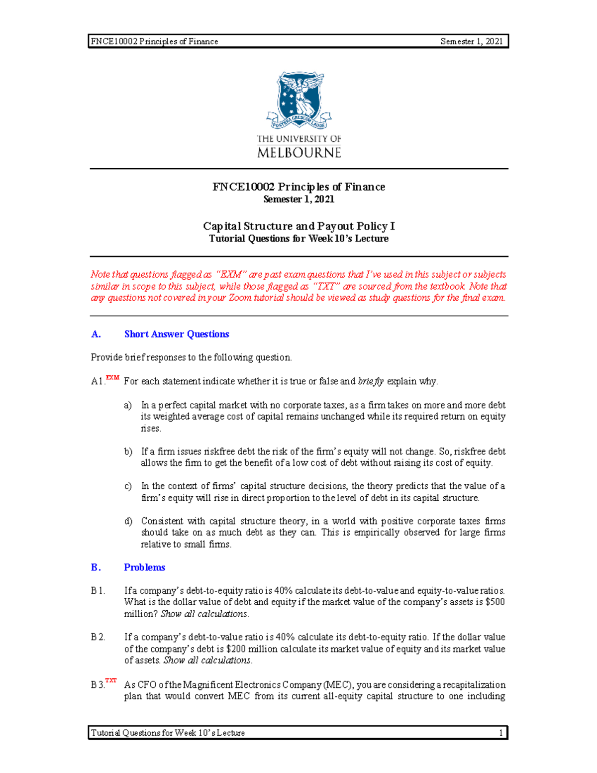 Tutorial 10 - Cap Str 1 - FNCE10002 Principles of Finance Semester 1 ...
