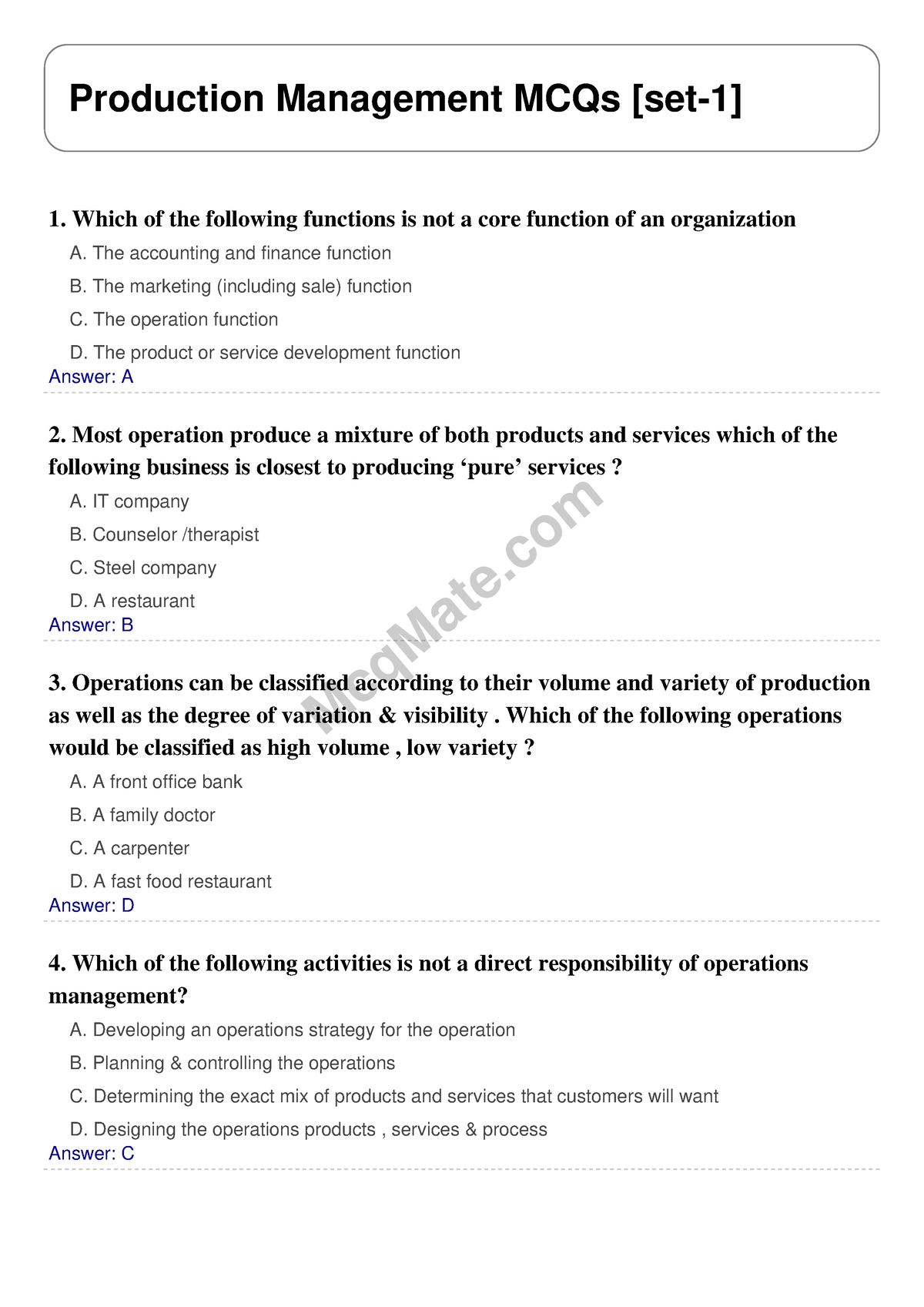 Production Management Solved MCQs [set-1] Mcq Mate.com - Introduction ...