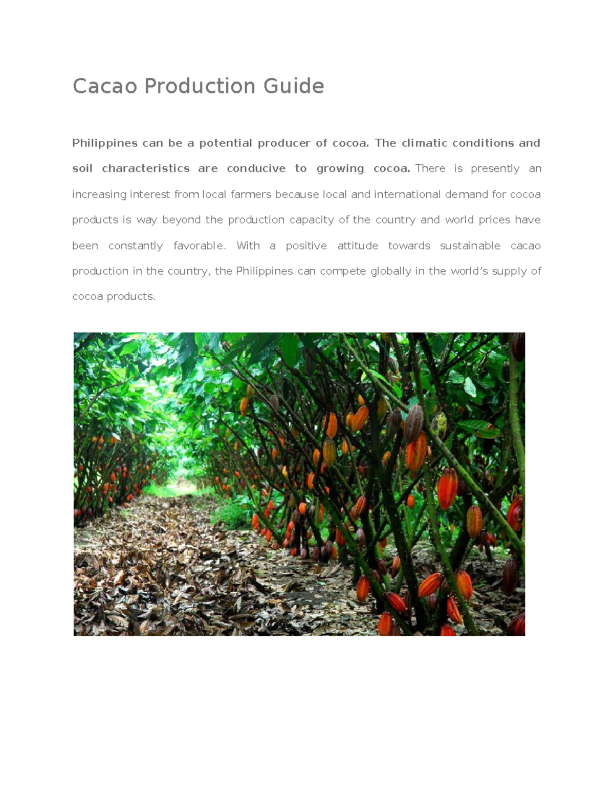 Cacao Production Guide Cacao Production Guide Philippines can be a