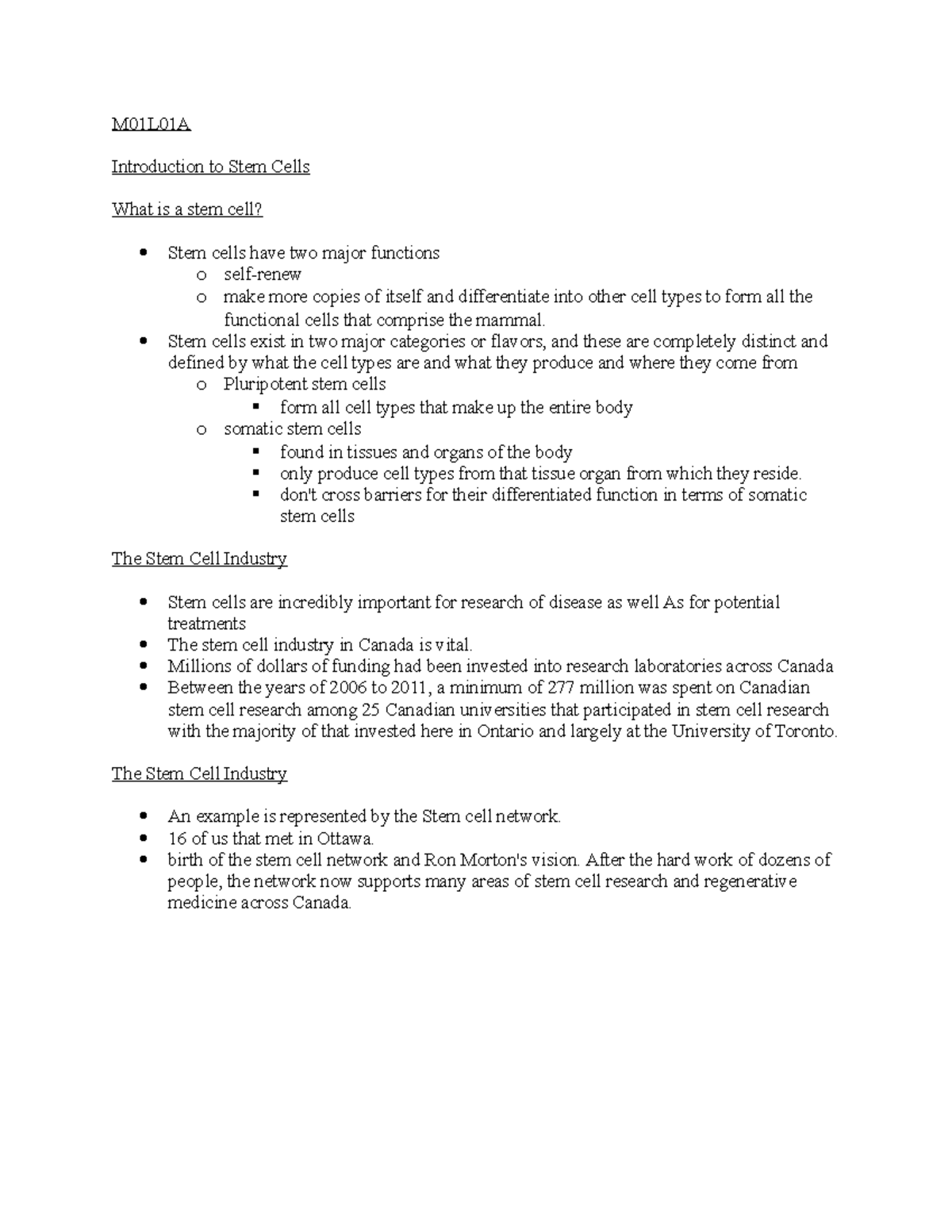 M01L01A summary notes - M01L01A Introduction to Stem Cells What is a ...