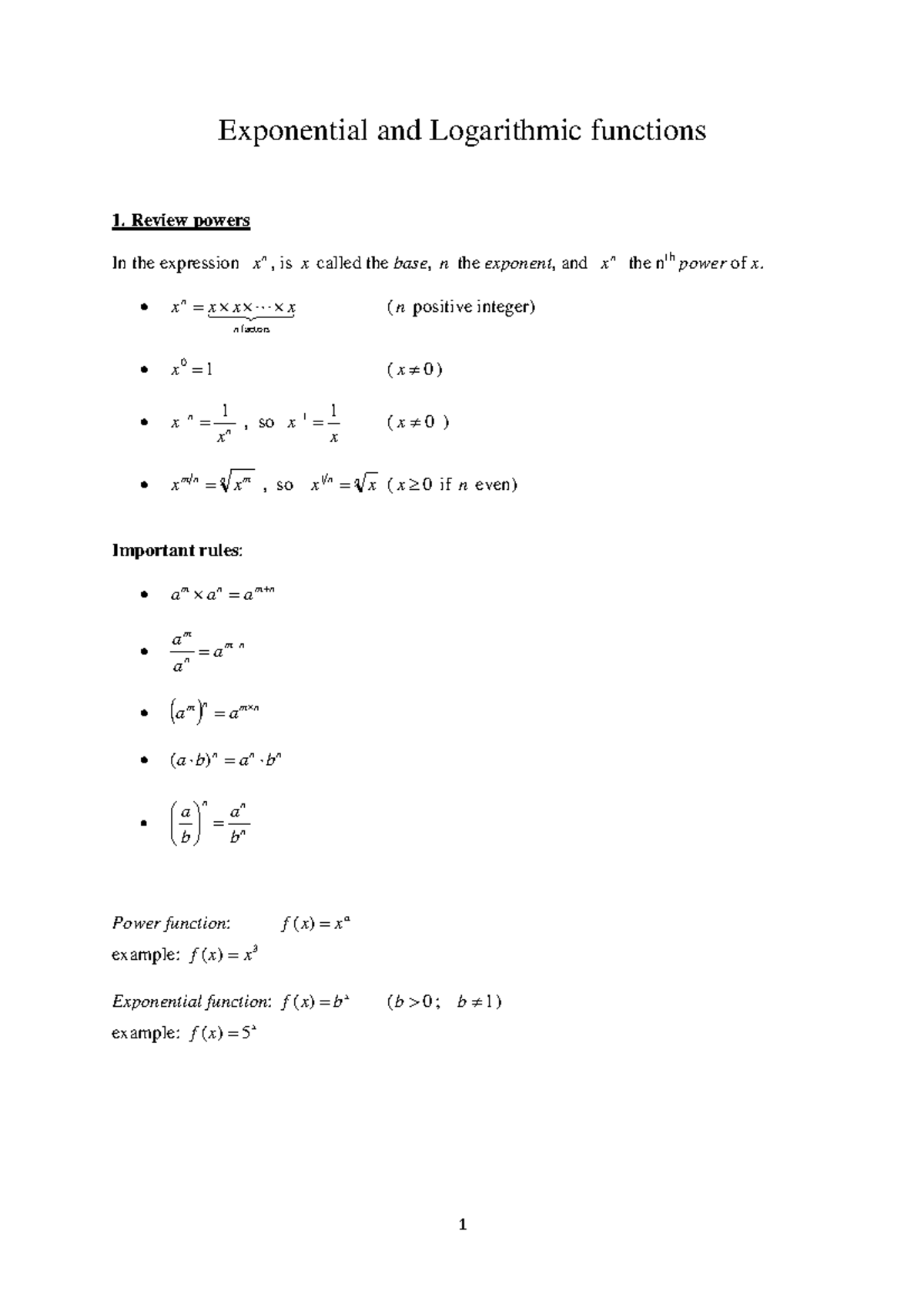 Exponential and Logarithmic functions 1 - Exponential and Logarithmic ...