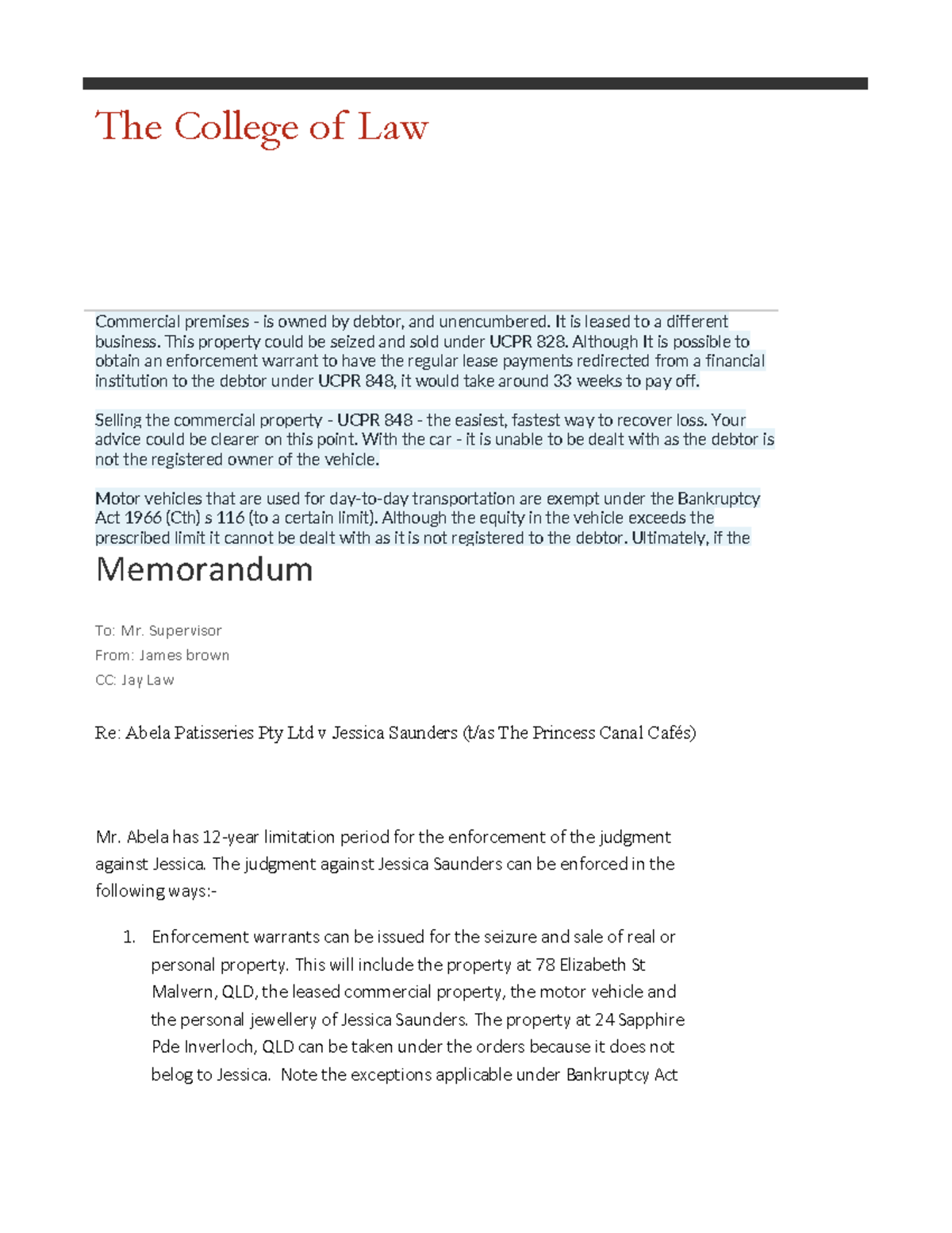 Memo task 3 Corporate law practice college of law The College of Law