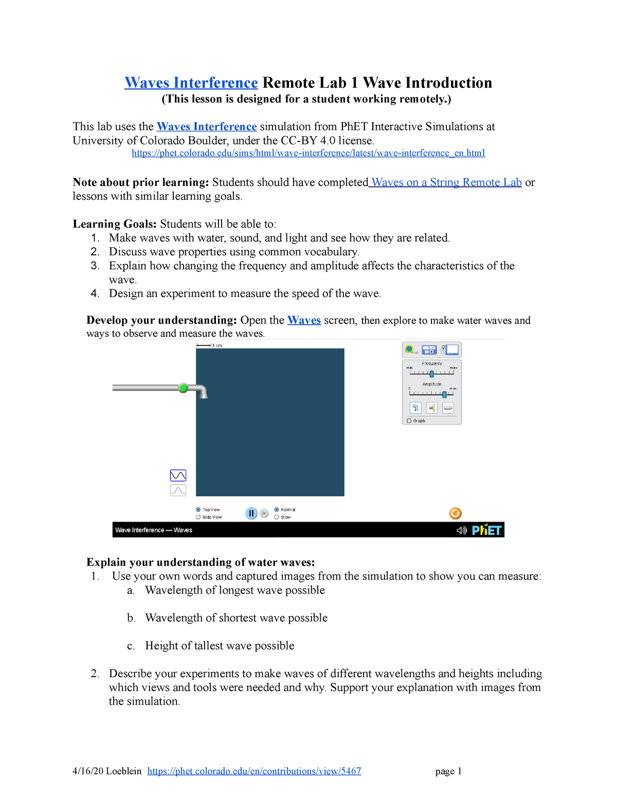 Waves Interference Remote Lab1 - ) This lab uses the Waves Interference ...