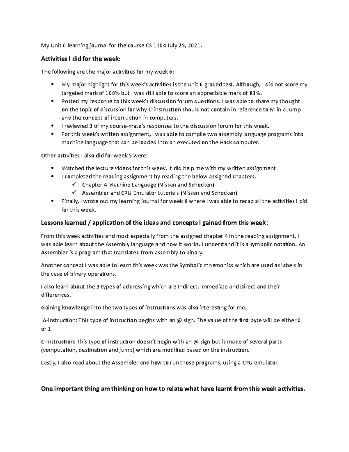 My learning journal for unit 6 - My Unit 6 learning journal for the ...