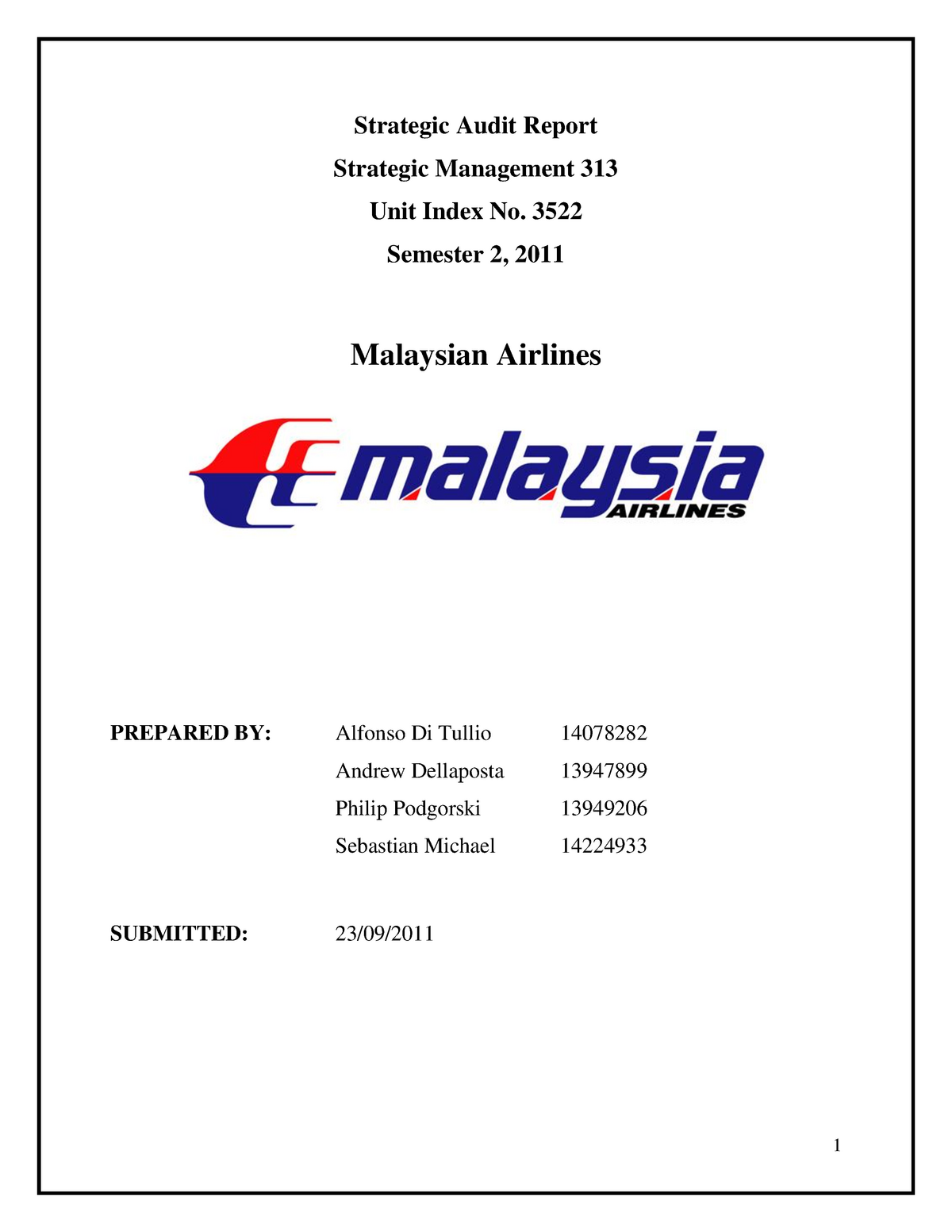 Strategic Audit Report Malaysian Ailines Strategic Management 313 Studocu