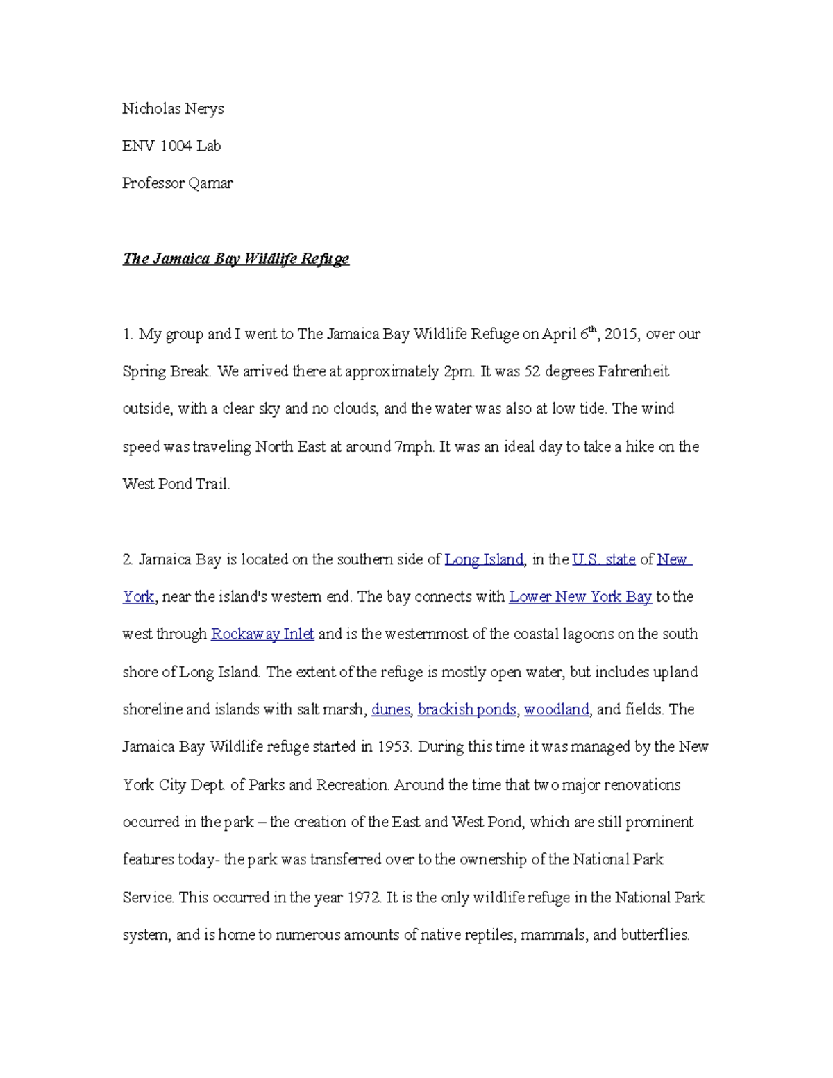 Jamaica Bay Document that was mandatory to get a good grade in the