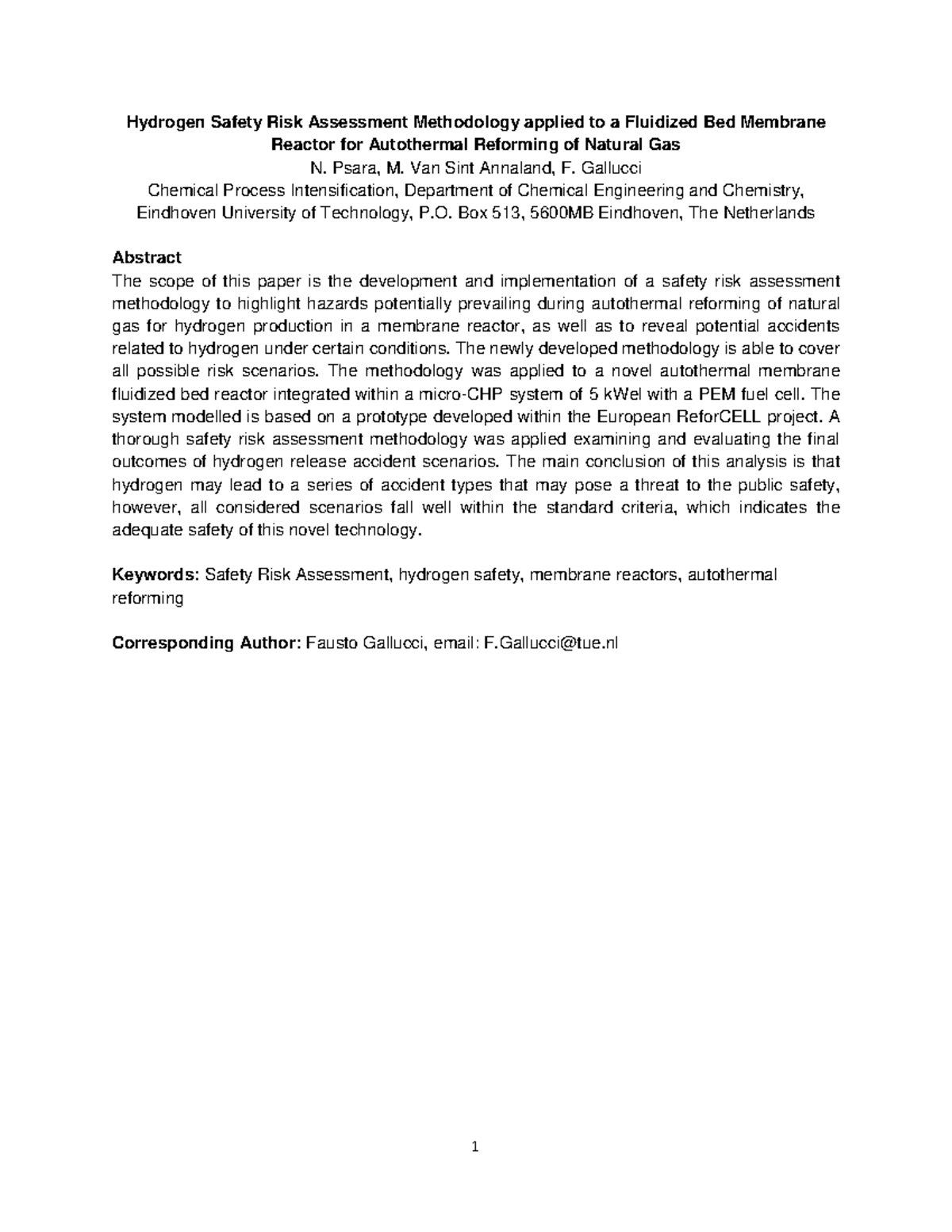 Hydrogen Risk Assessment Methodology applied to a Fluidized Bed ...