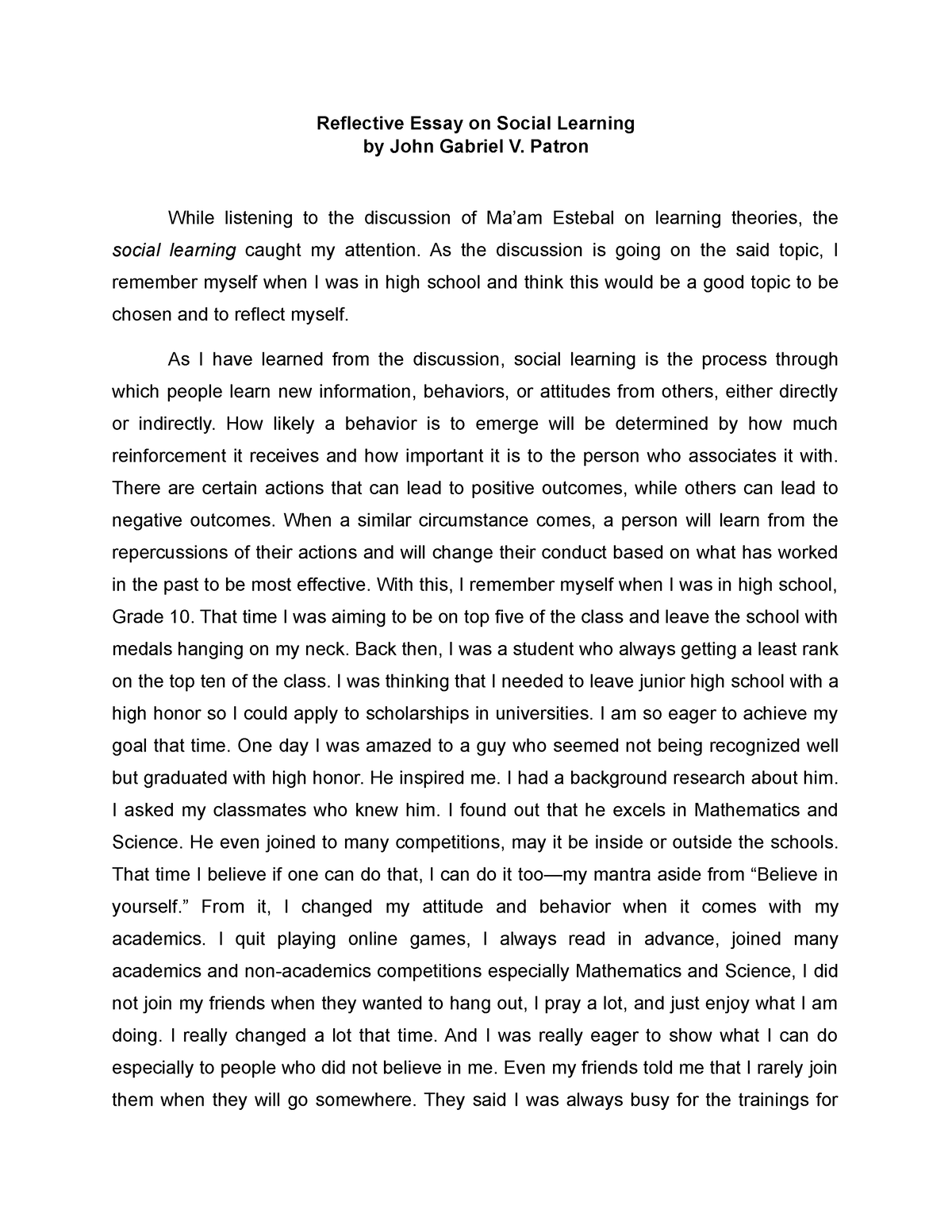 reflective essay on learning theories