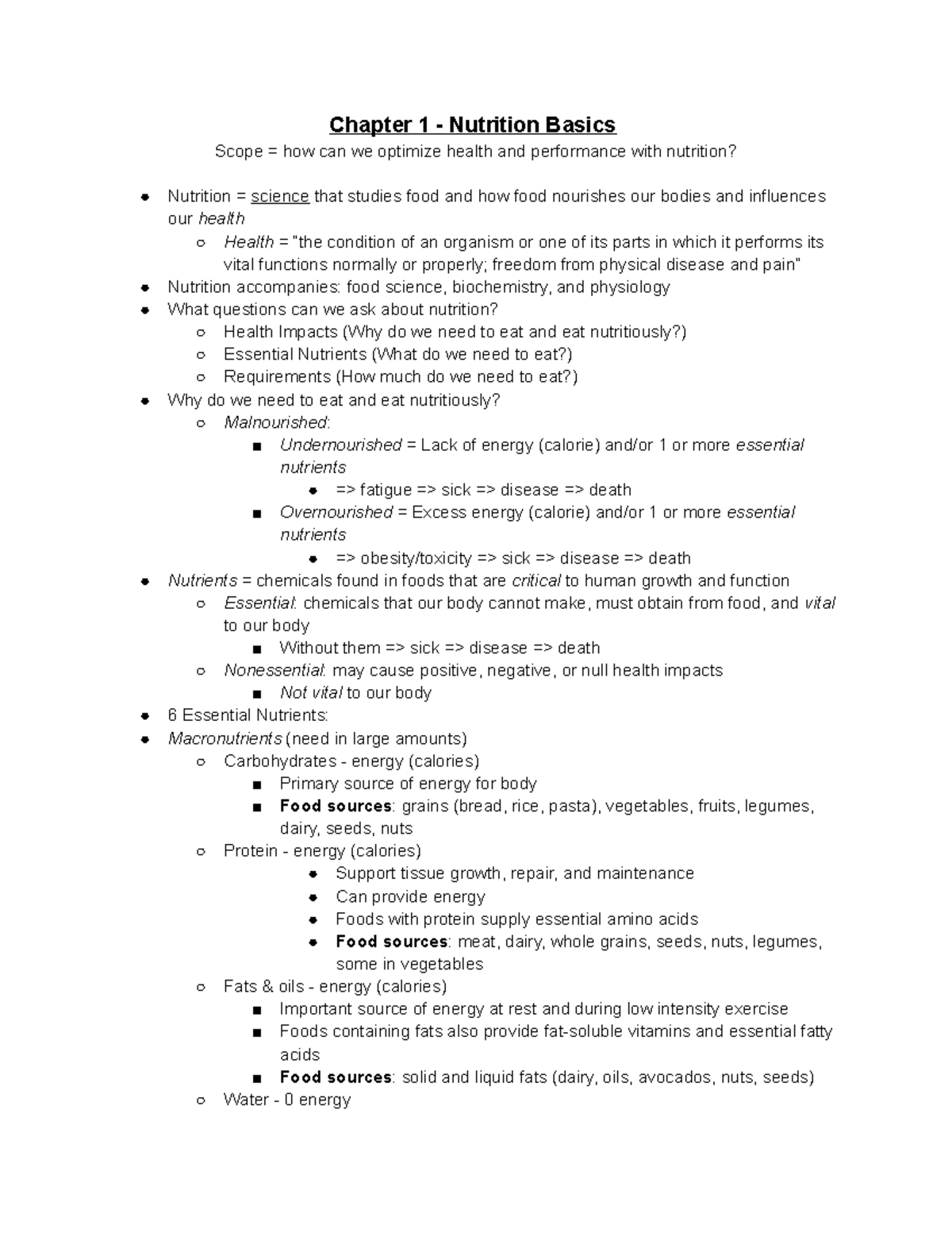 IPHY Ch. 1 Notes - Chapter 1 - Nutrition Basics Scope = How Can We ...