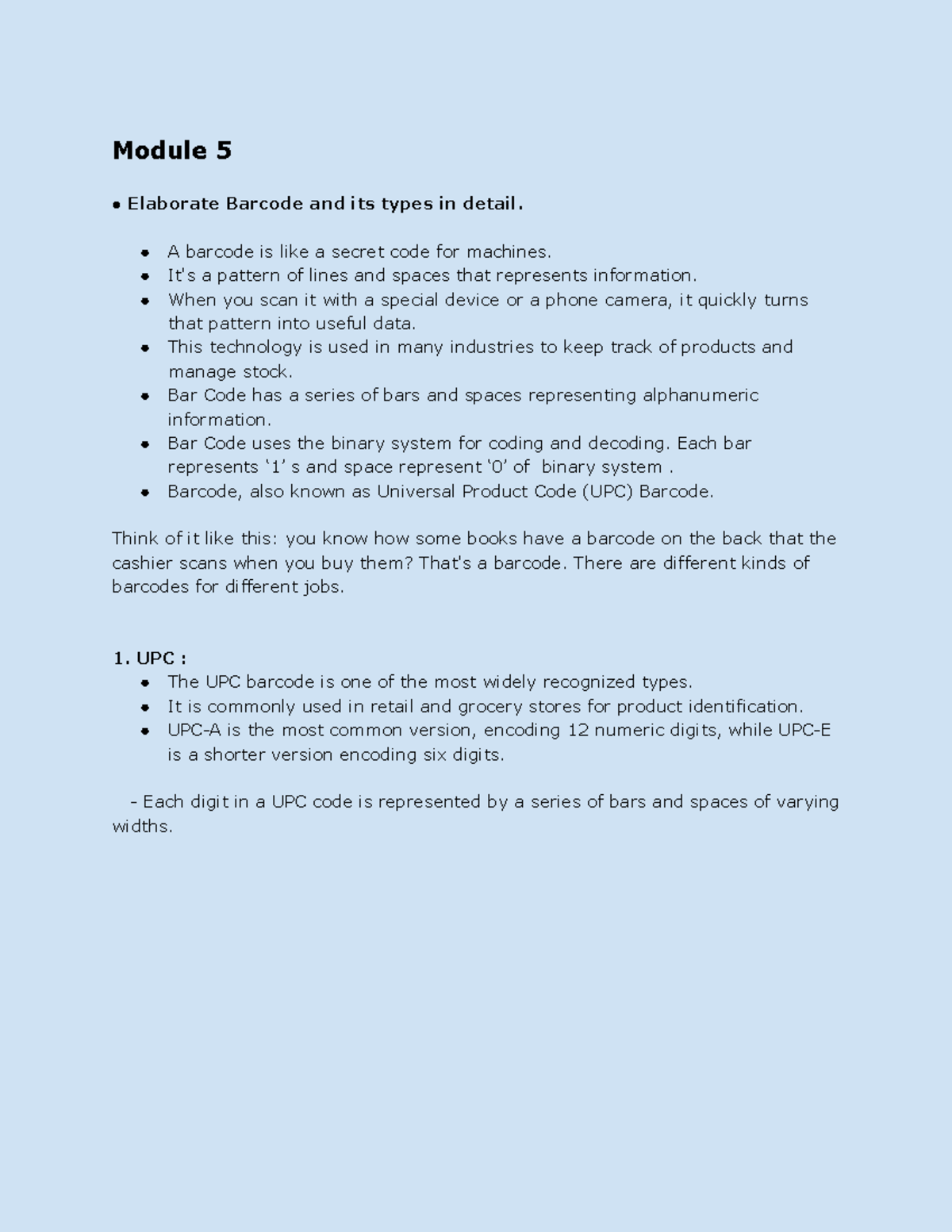 AVR IA2 mod 5 - Module 5 Elaborate Barcode and its types in detail. A ...