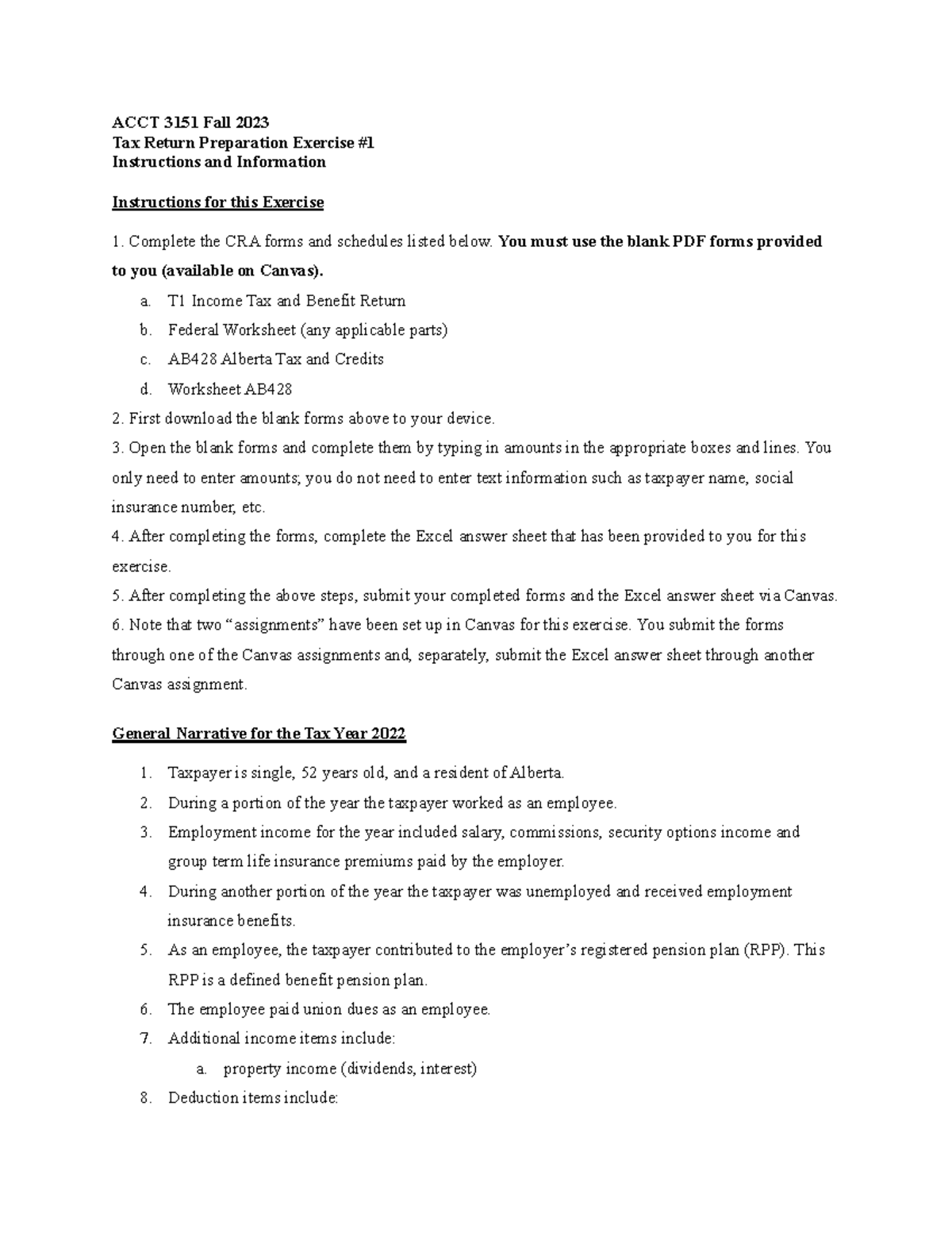 Exercise #1 Instructions and Information - ACCT 3151 Fall 2023 Tax ...