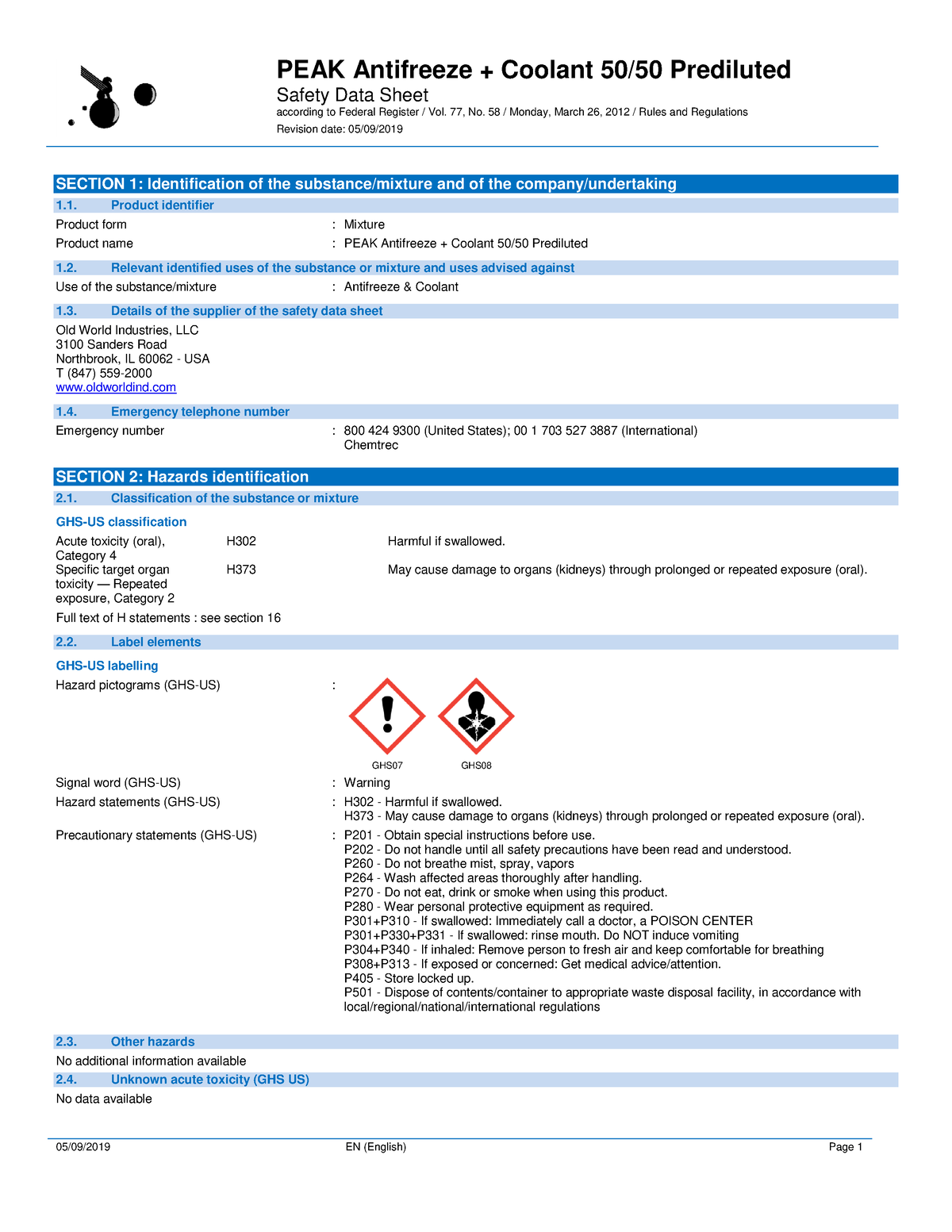 FDS Anticongelante PEAK - Safety Data Sheet according to Federal ...