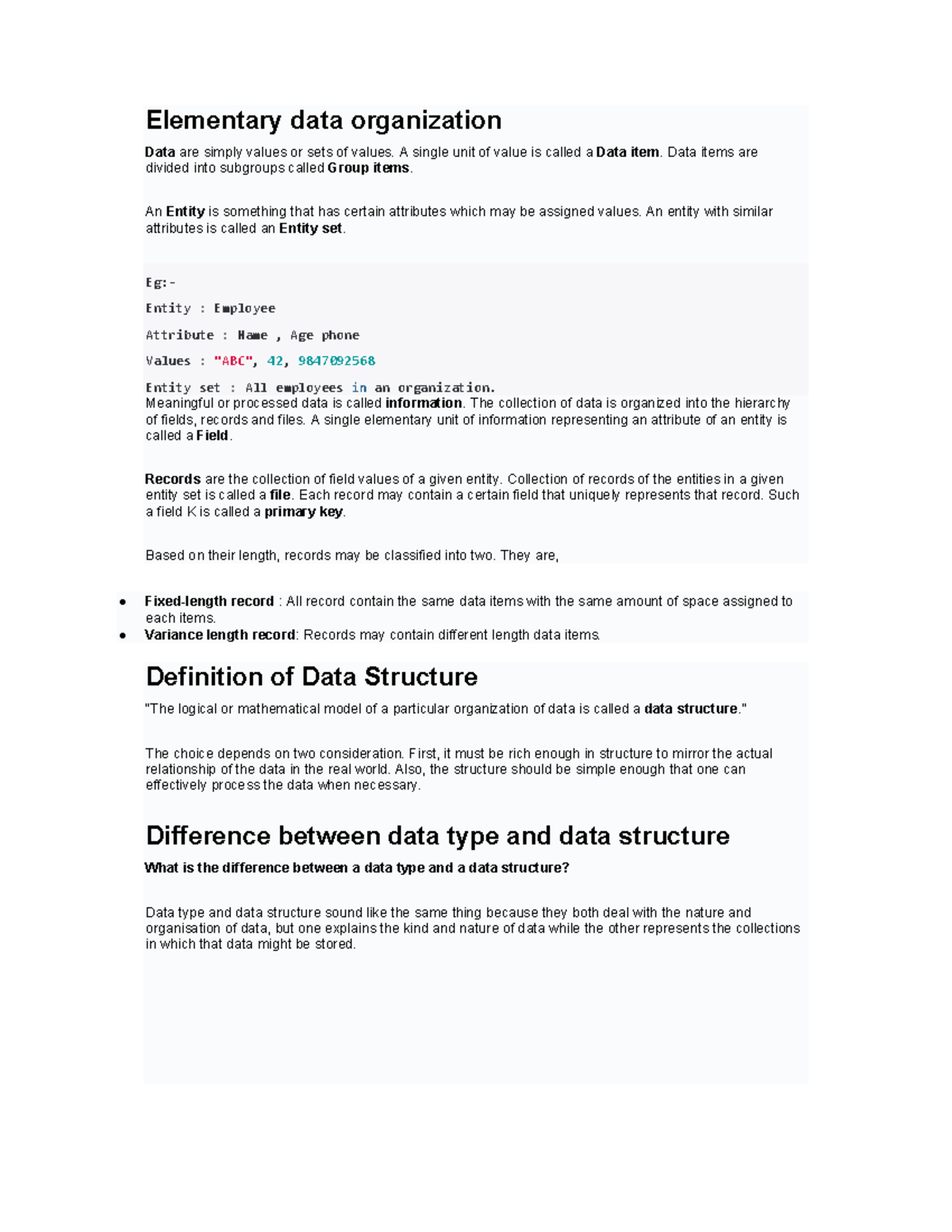 Data structure unit I - Elementary data organization Data are simply ...