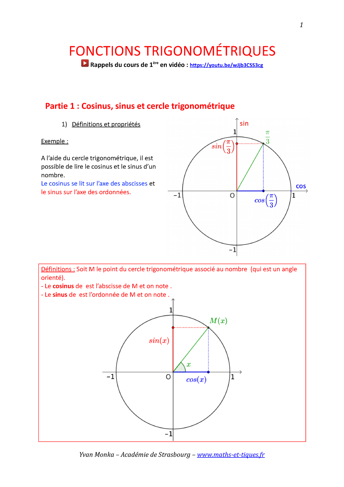 20trigo T Cours Trigonométrie L2 Fonctions TrigonomÉtriques Rappels Du Cours De 1ère En 9630