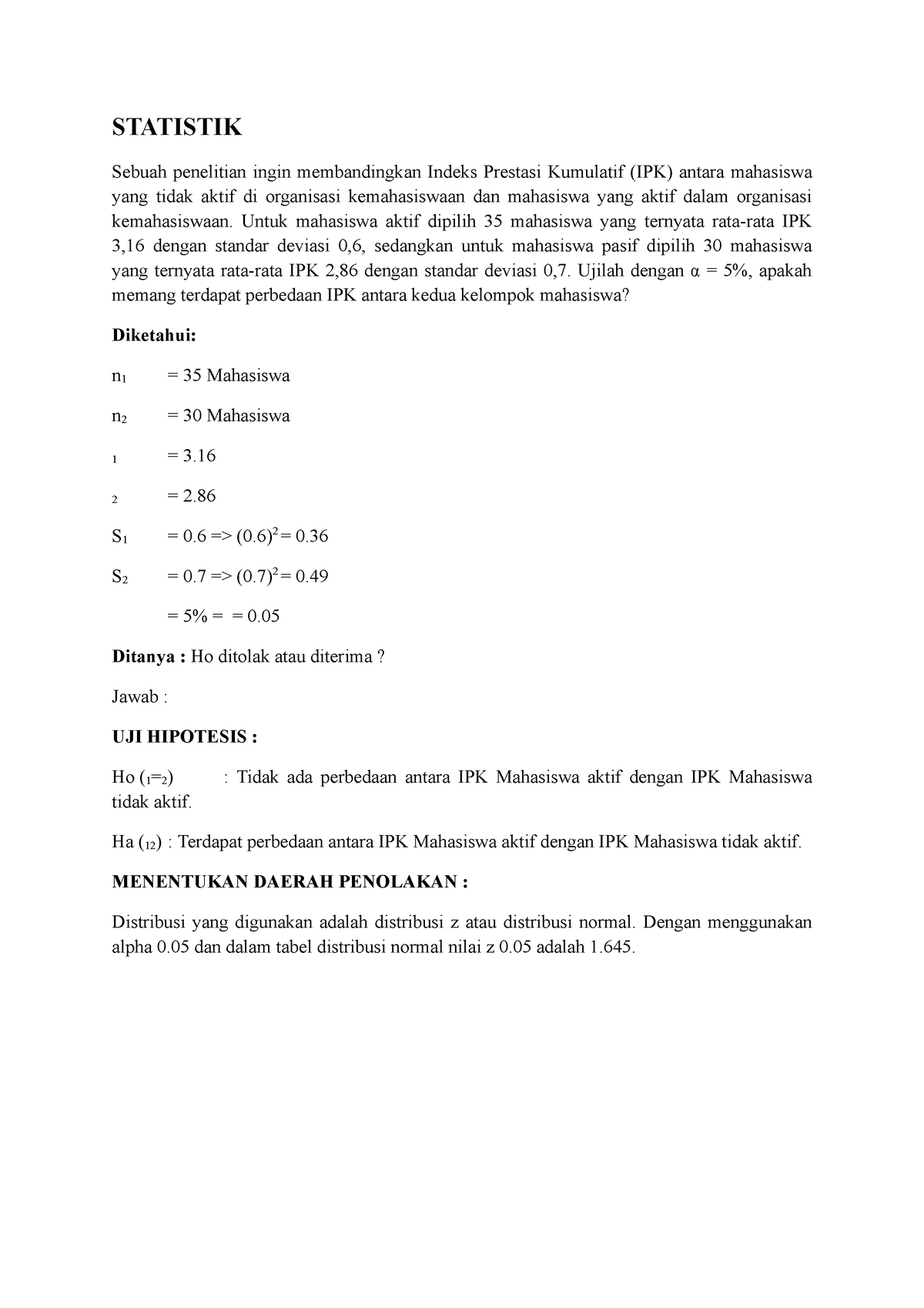 Jawaban Statistik Diskusi 8 - STATISTIK Sebuah Penelitian Ingin ...