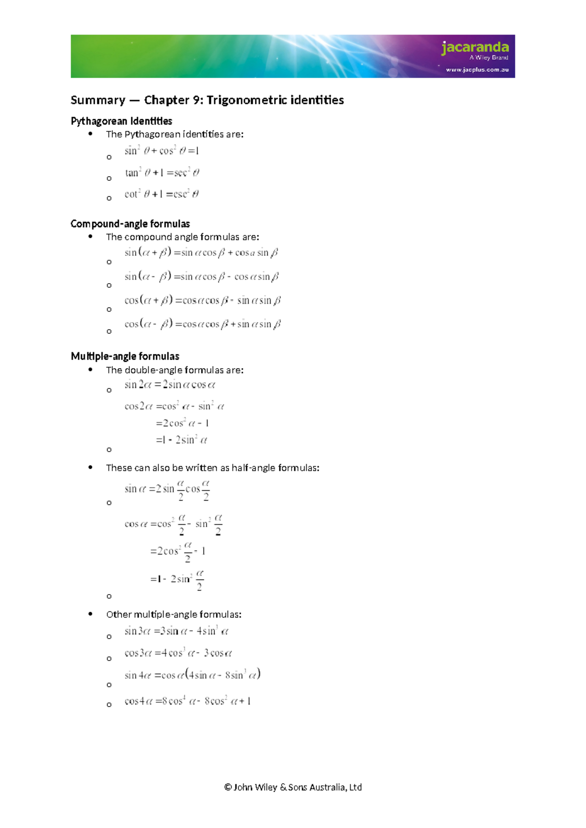 Chapter 9 - Summary — Chapter 9: Trigonometric identities Pythagorean ...