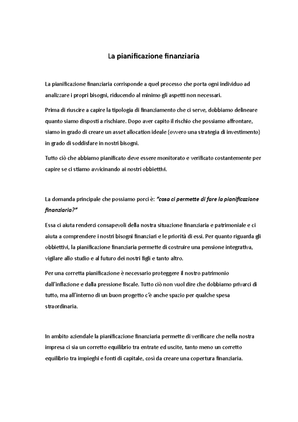 La pianificazione finanziaria aziendale e personale - La pianificazione ...