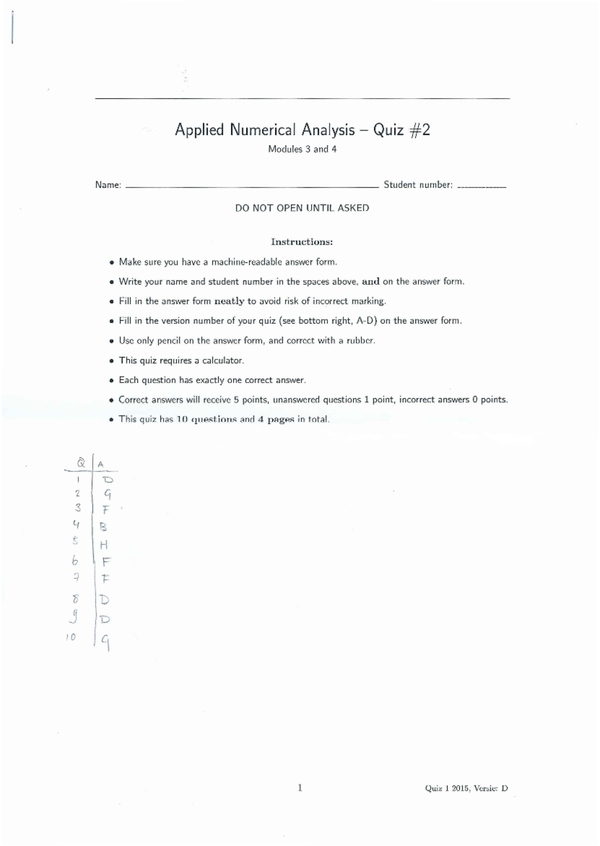 Exam March 2015, Questions and answers Applied Numerical Analysis