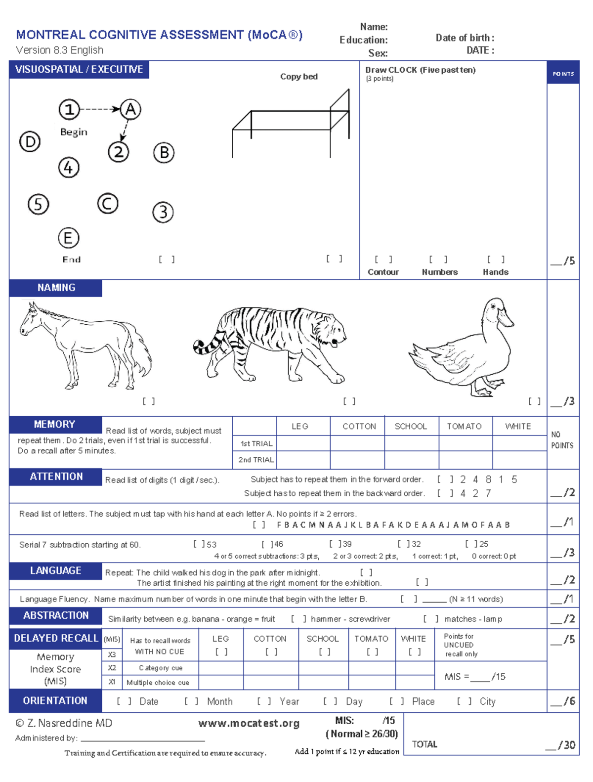Moca Test Standardized Test For Cognition POINTS MONTREAL COGNITIVE 