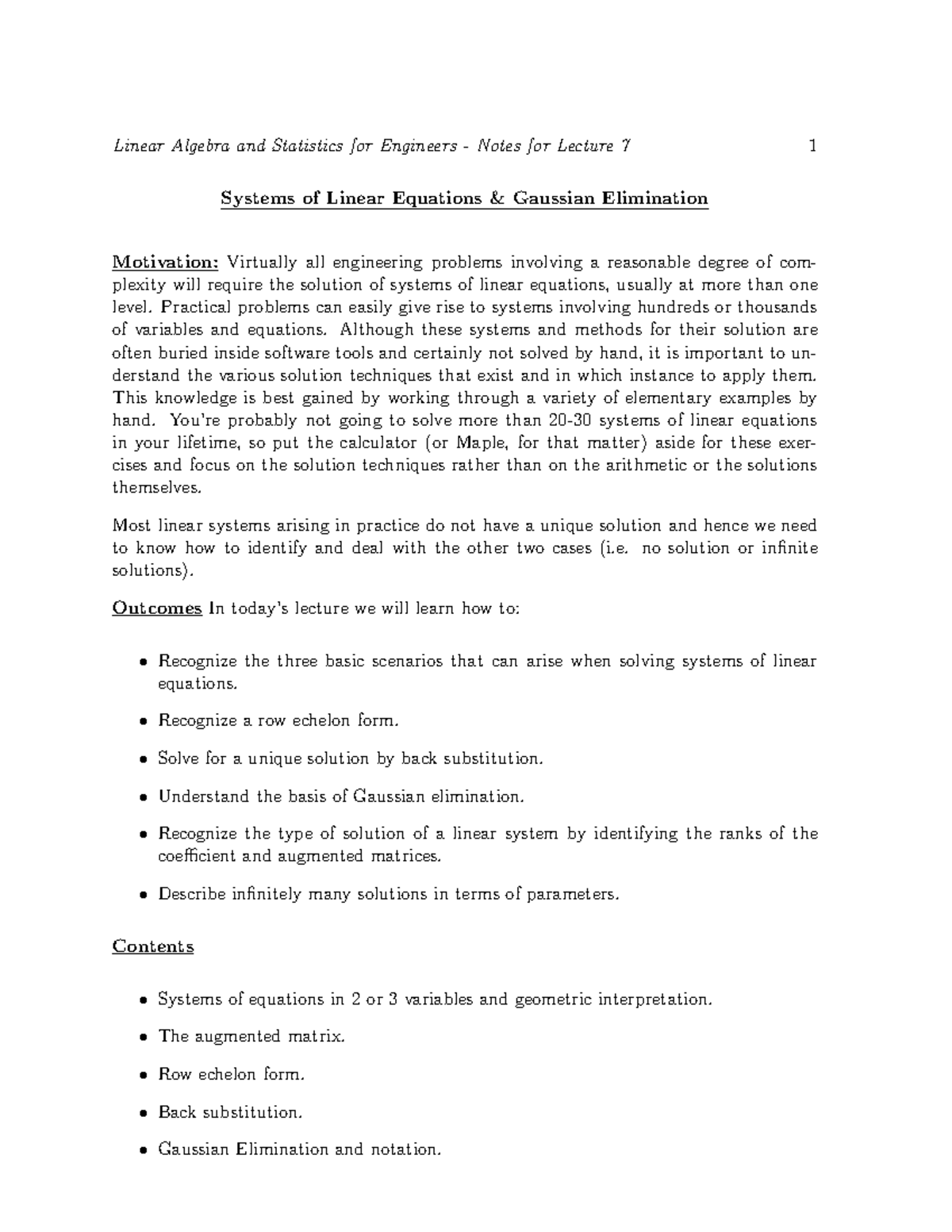 Notes for Lecture 7 - Systems of Linear Equations & Gaussian ...