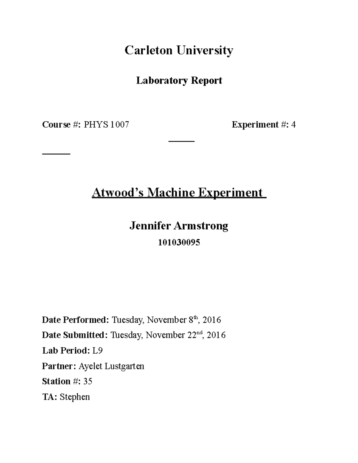 Docx - PHYSICS - Carleton University Laboratory Report ####### Course ...