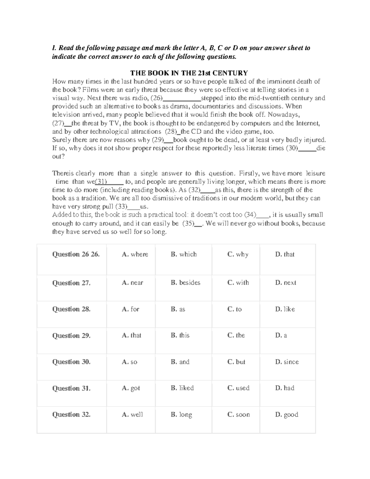 Đề Reading 1 - ưefkjehf - I. Read The Following Passage And Mark The ...